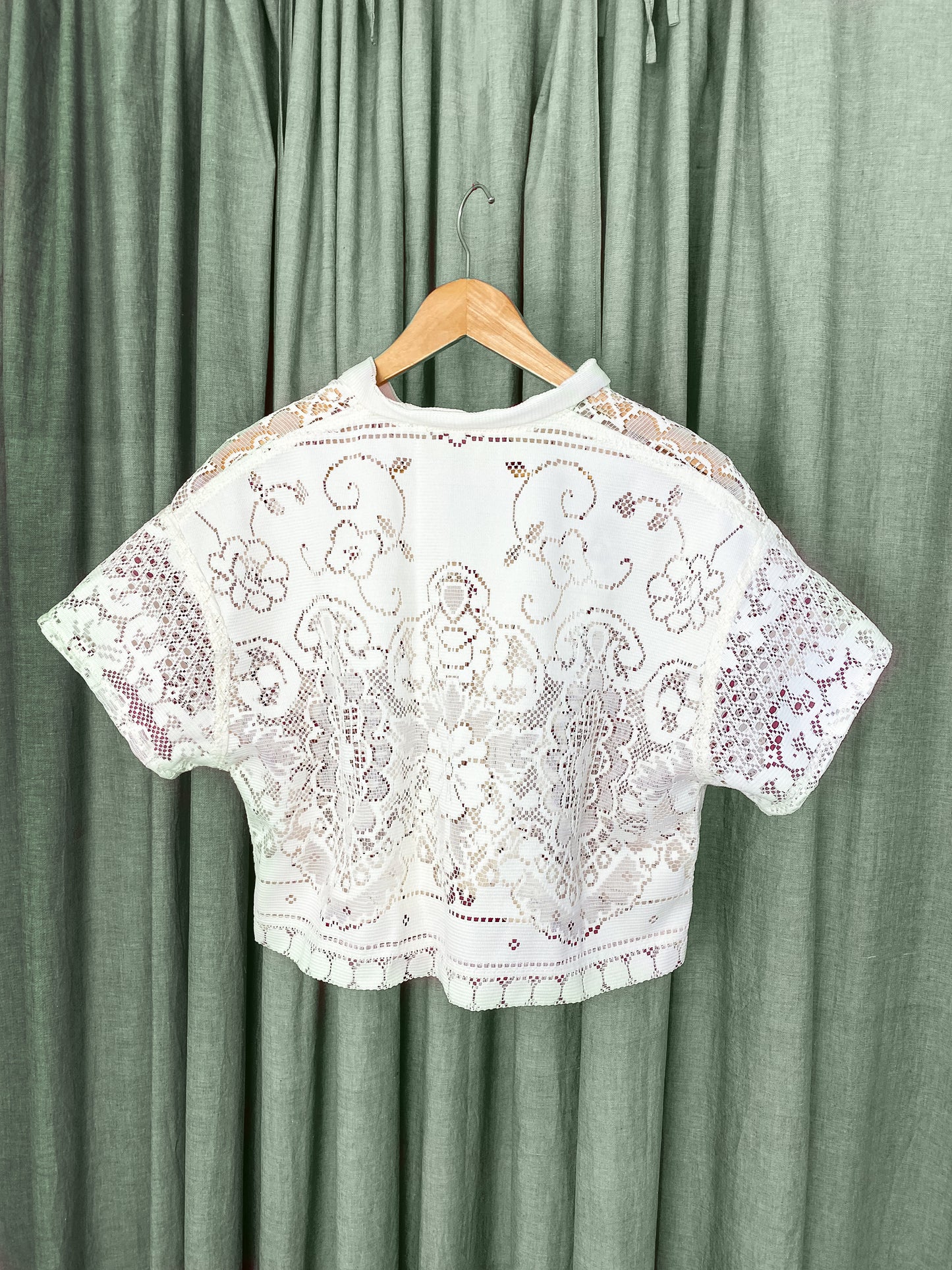 (S/M) Upcycled Tie Front Lace Blouse