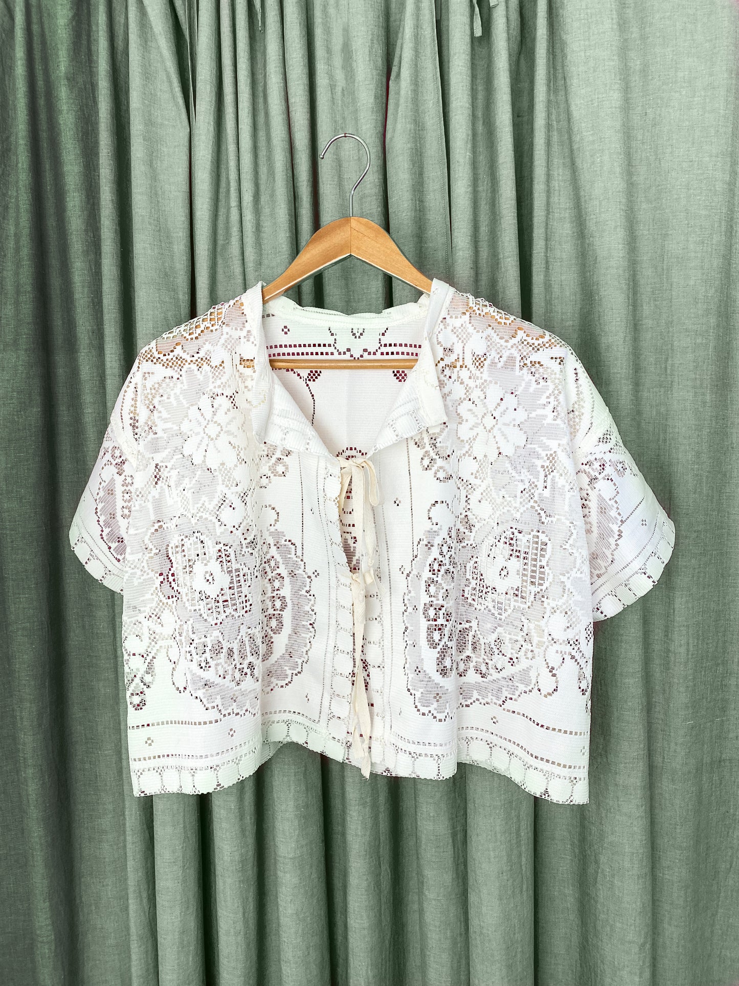 (L) Upcycled Tie Front Lace Blouse