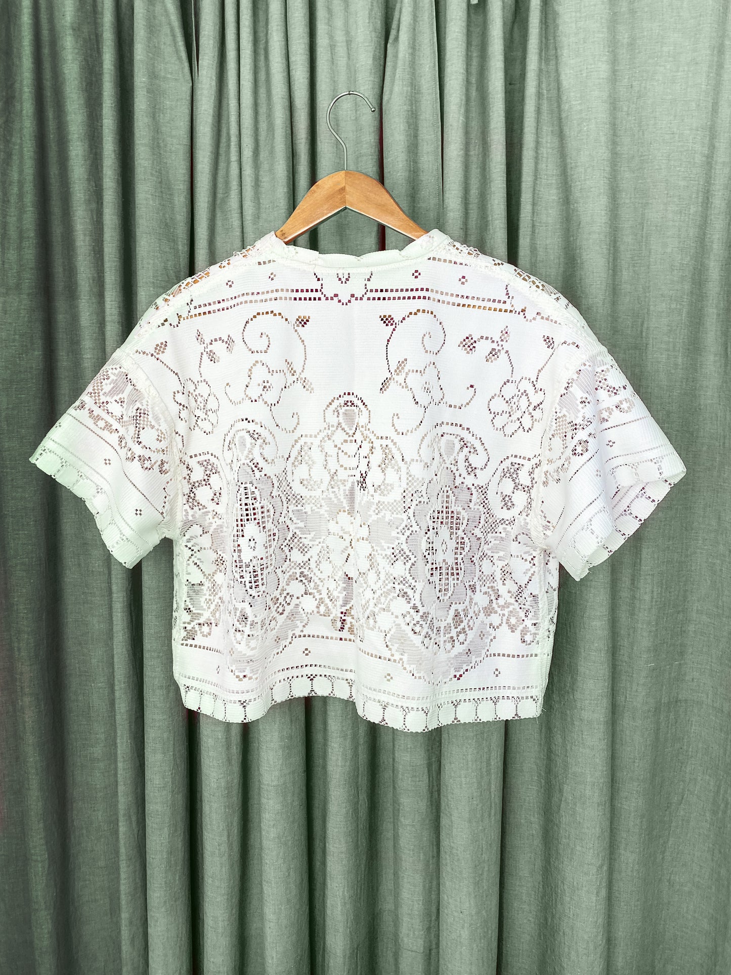(L) Upcycled Tie Front Lace Blouse