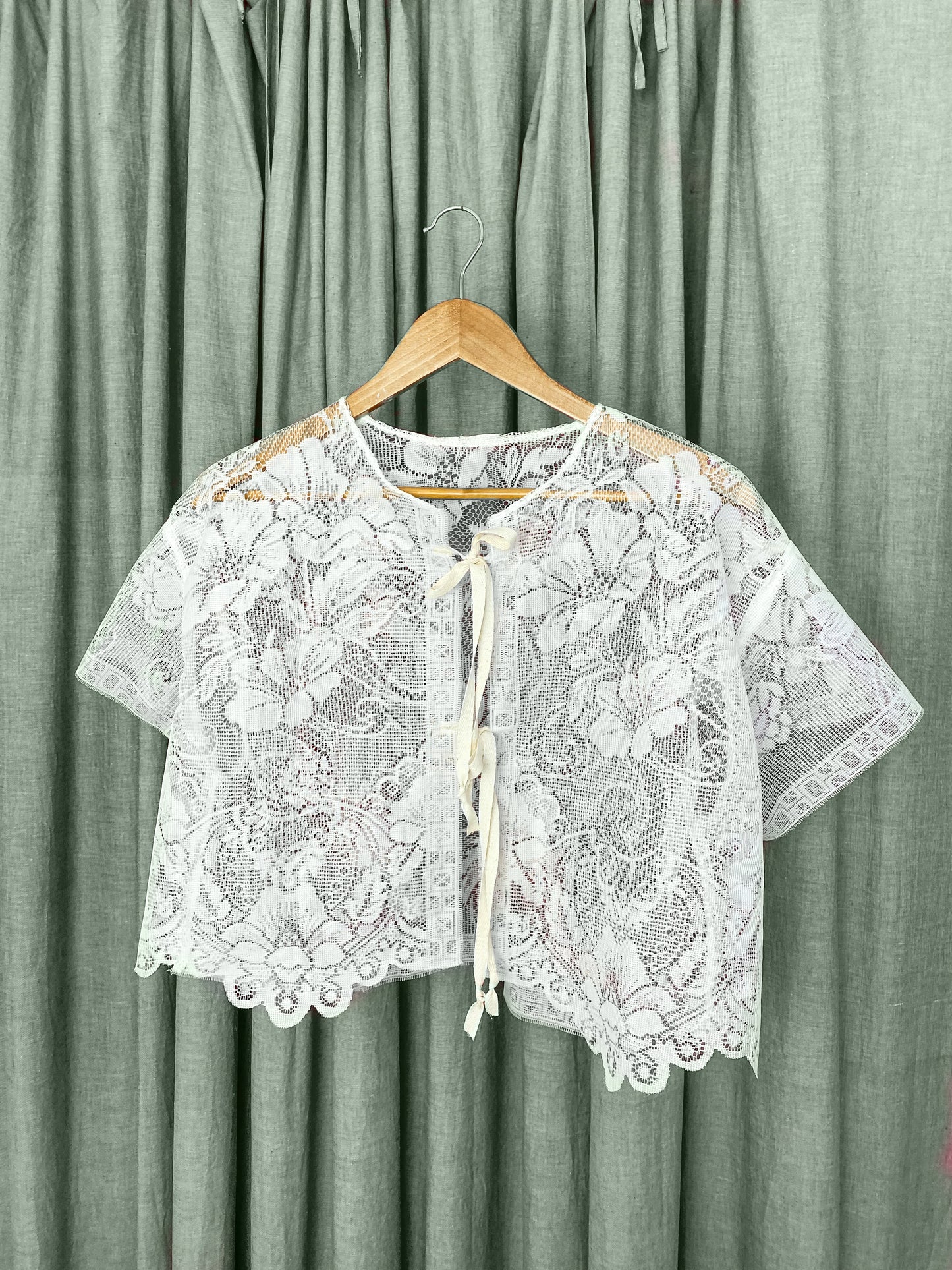 (S/M) Upcycled Tie Front Mesh Blouse