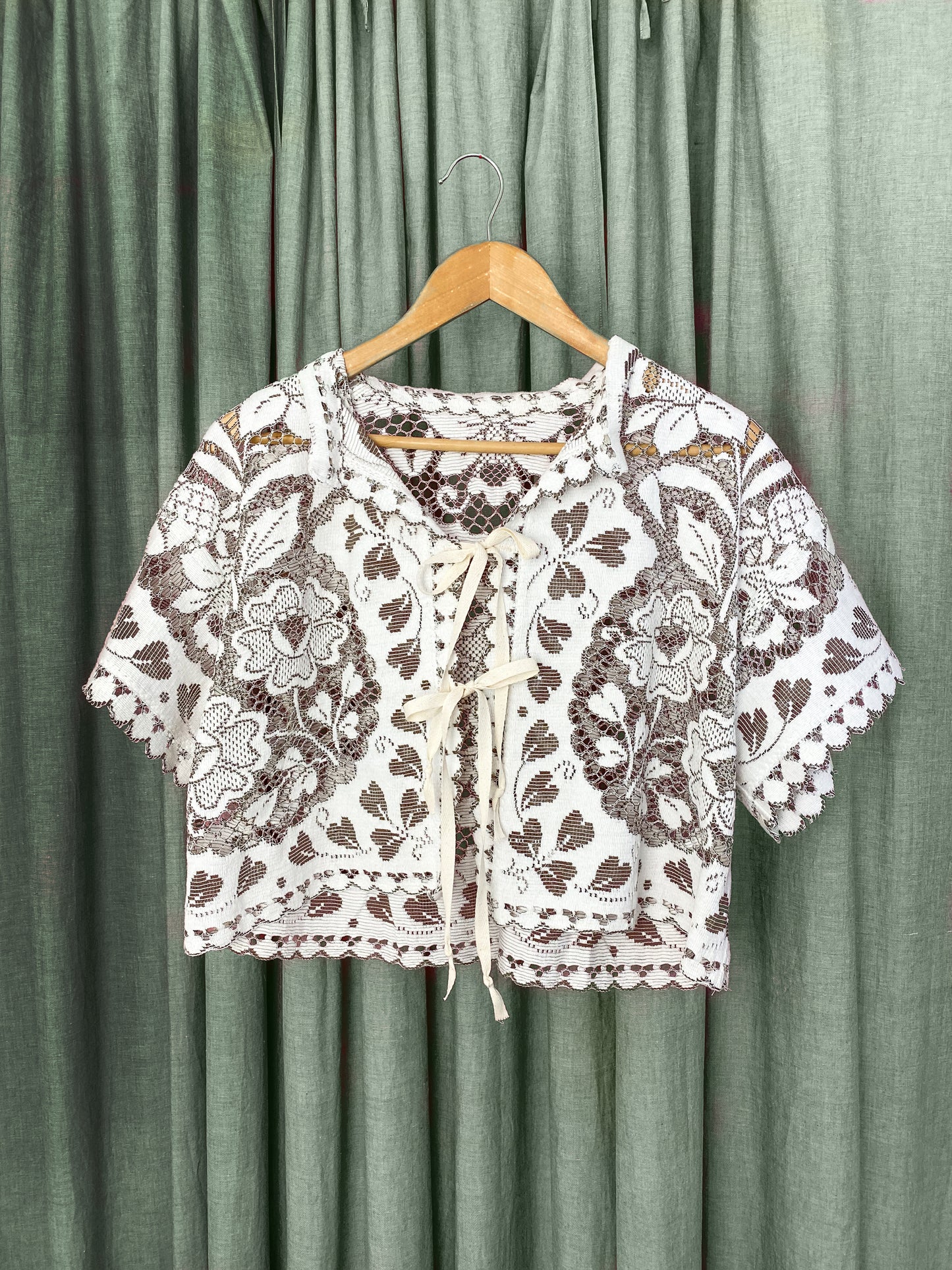 (M) Upcycled Tie Front Lace Blouse