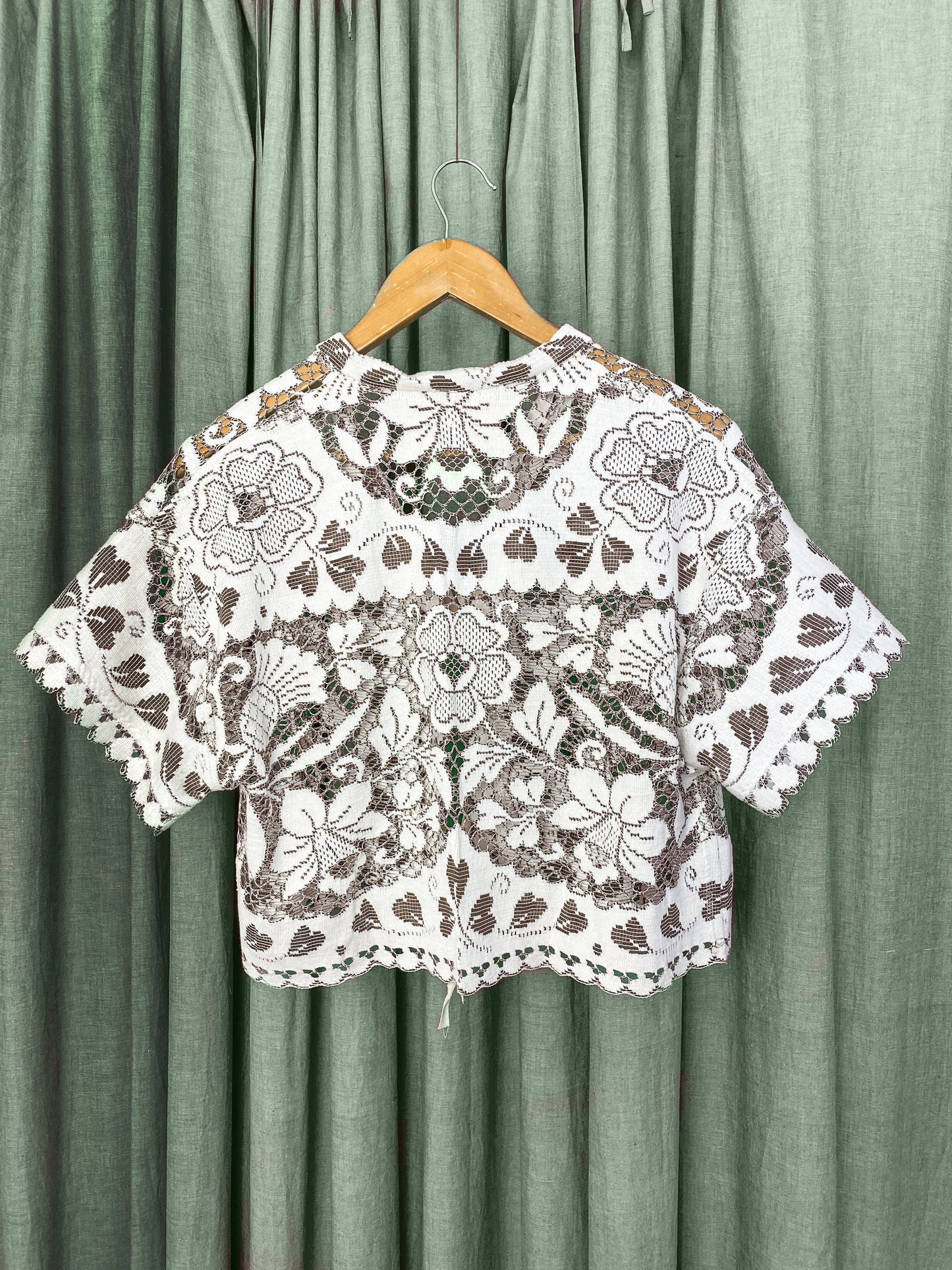 (M) Upcycled Tie Front Lace Blouse