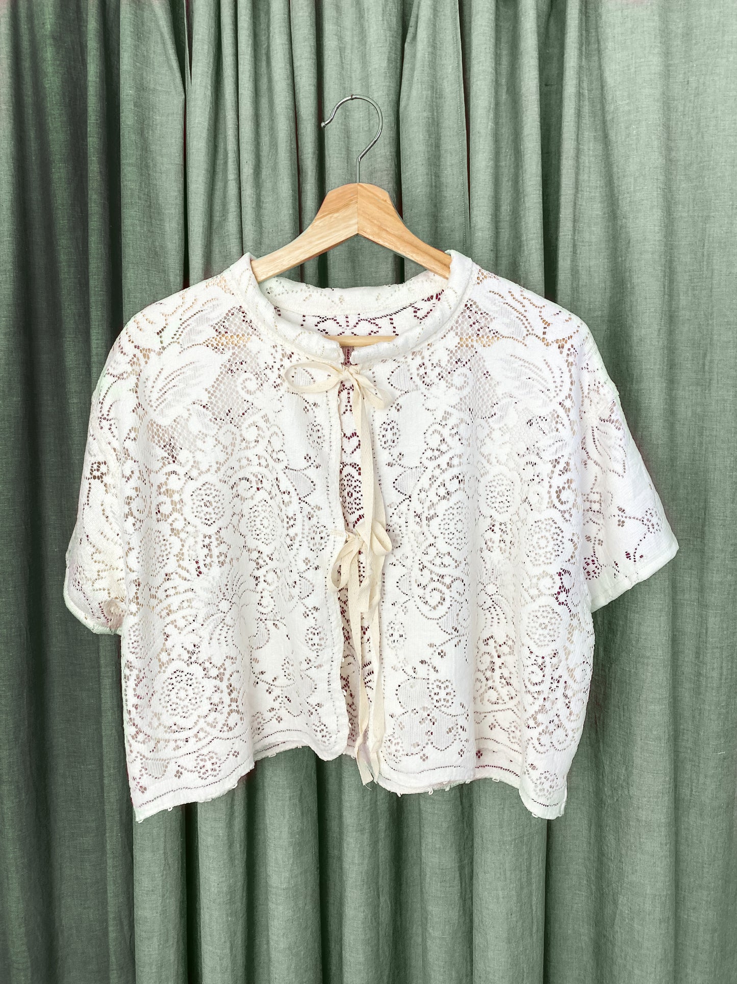(M) Upcycled Tie Front Lace Blouse