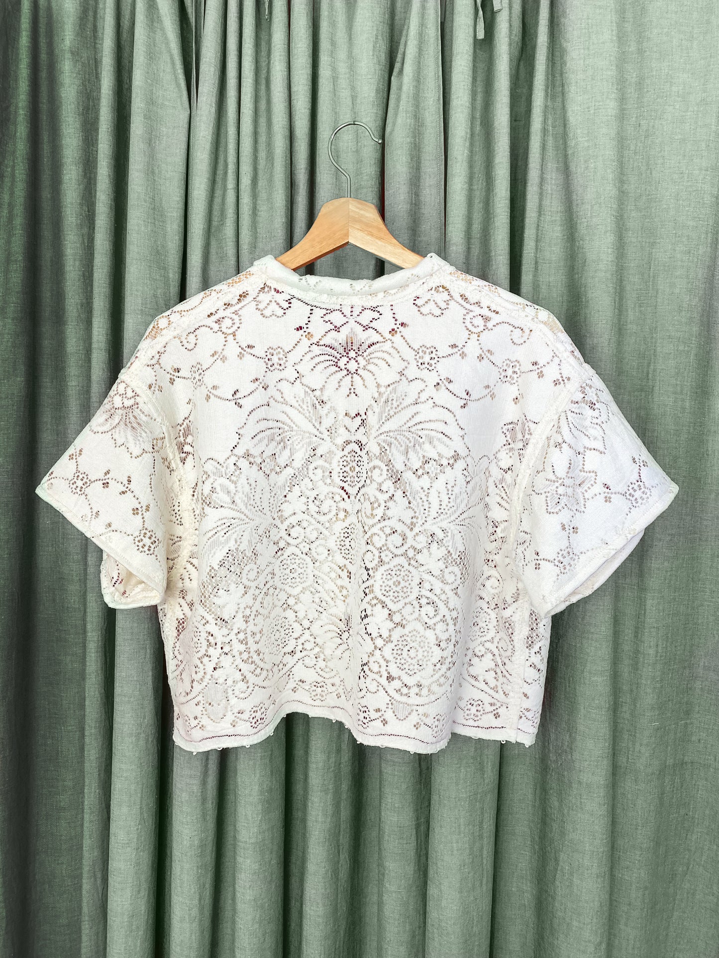(M) Upcycled Tie Front Lace Blouse
