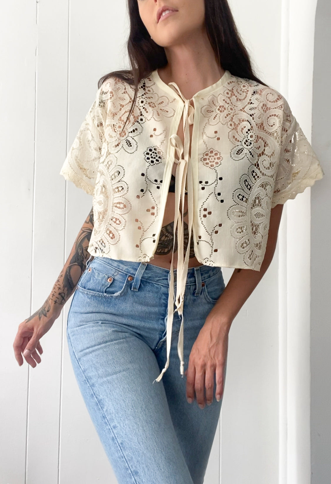 Upcycled Tie Front Lace Blouse