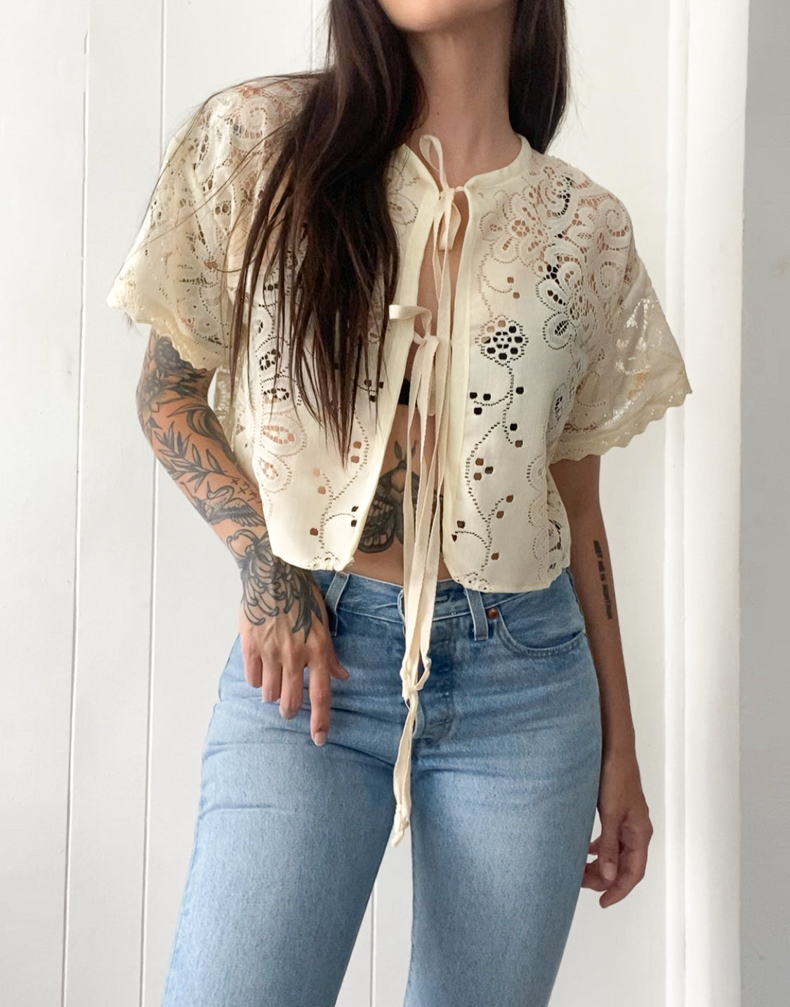Upcycled Tie Front Lace Blouse