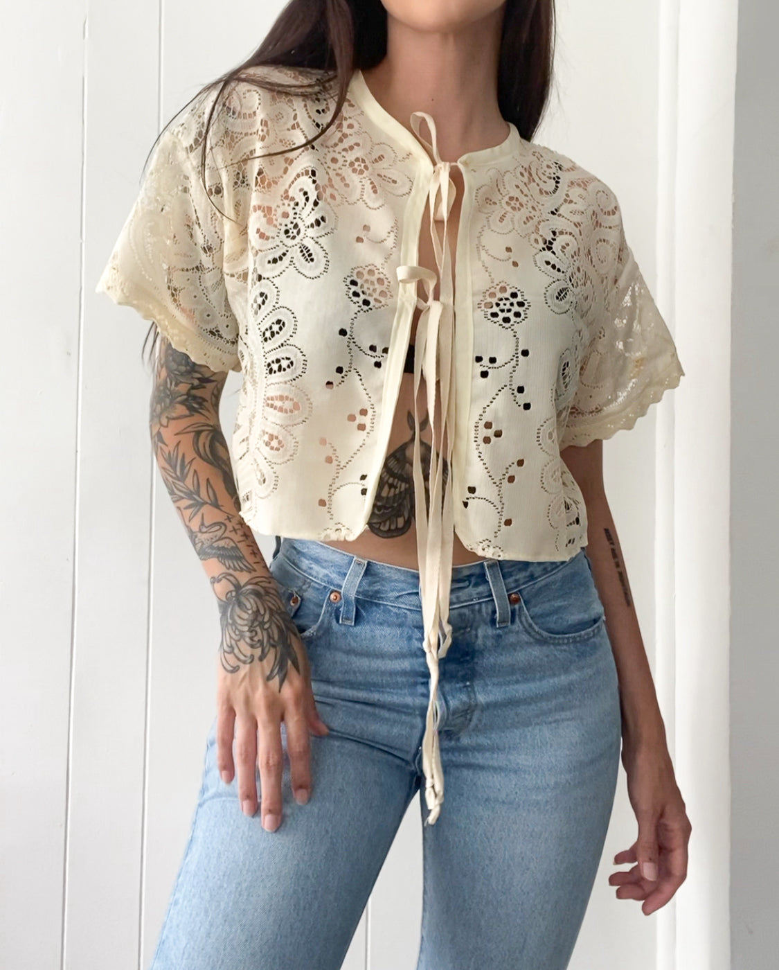 Upcycled Tie Front Lace Blouse