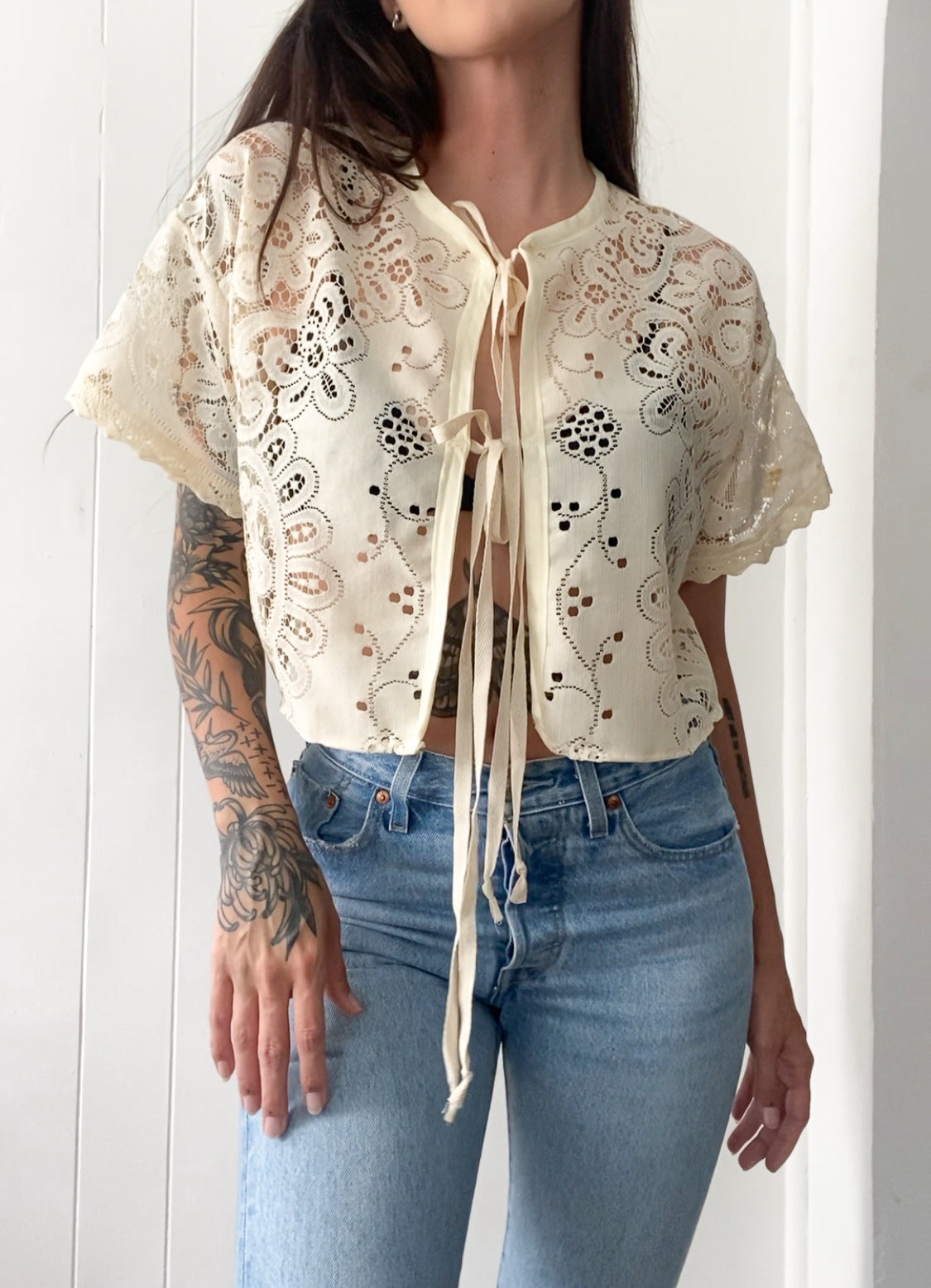 Upcycled Tie Front Lace Blouse
