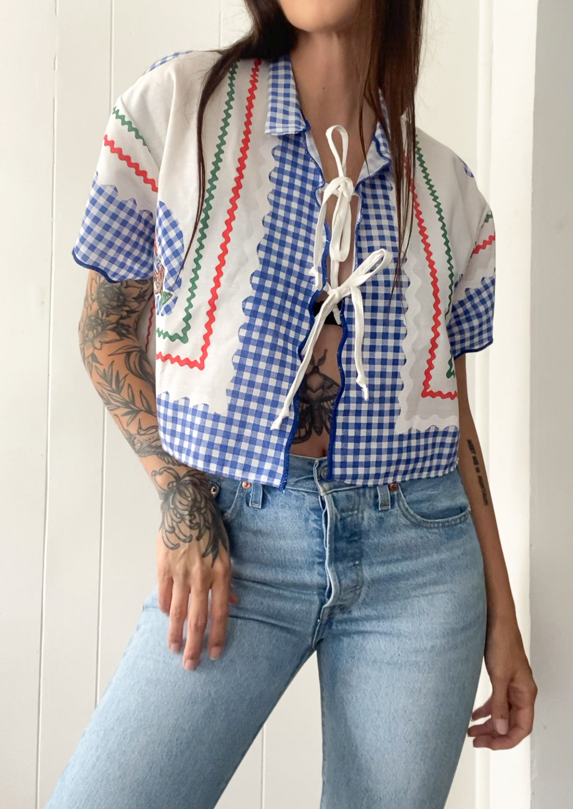 Upcycled Tie Front Gingham Blouse
