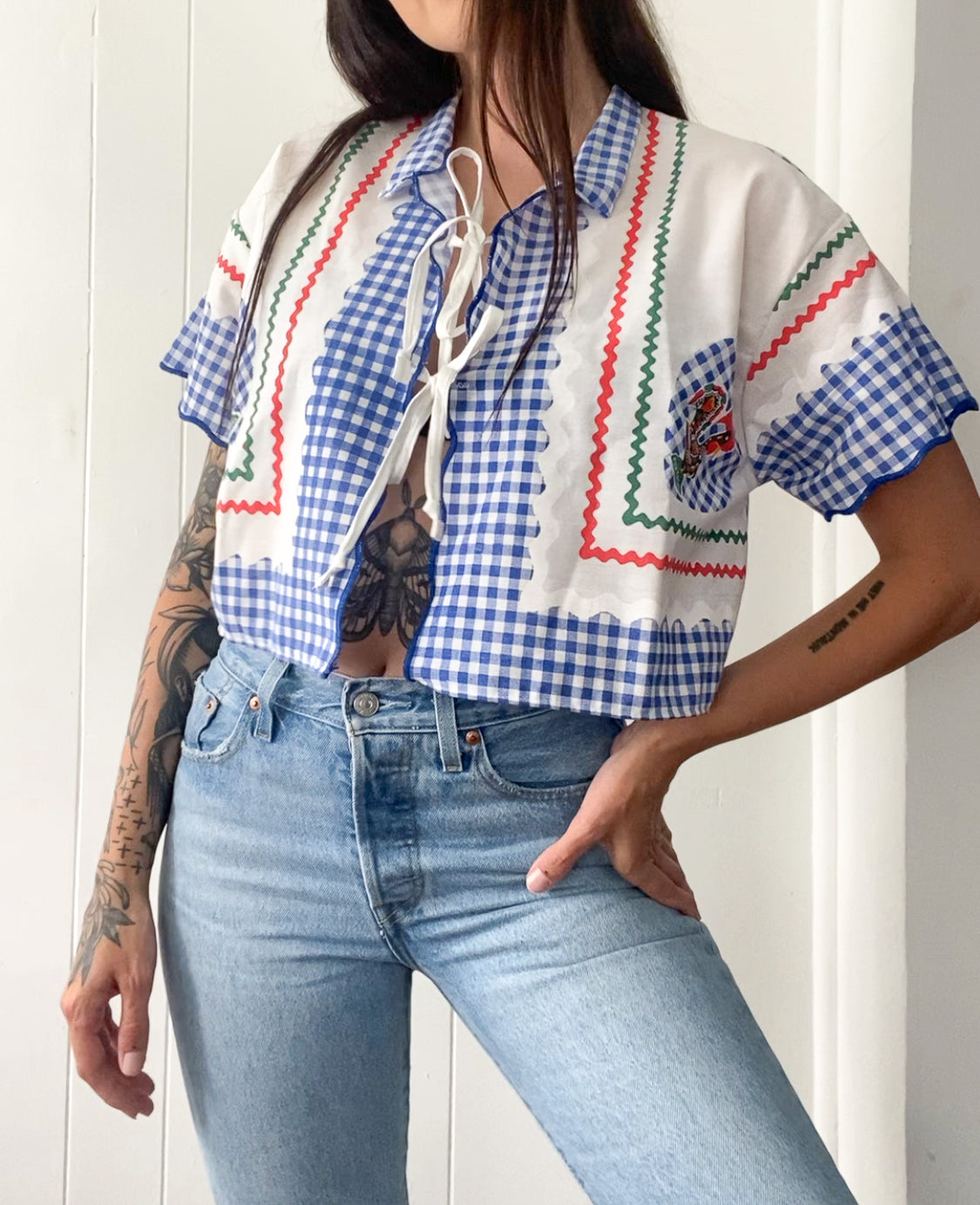 Upcycled Tie Front Gingham Blouse