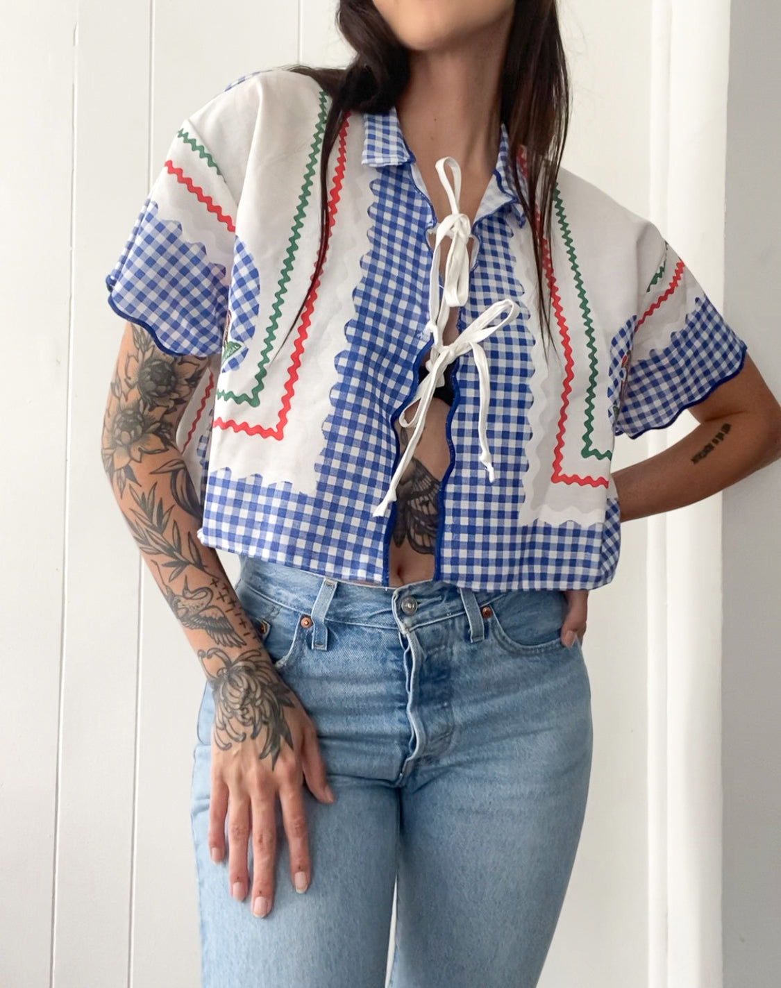 Upcycled Tie Front Gingham Blouse
