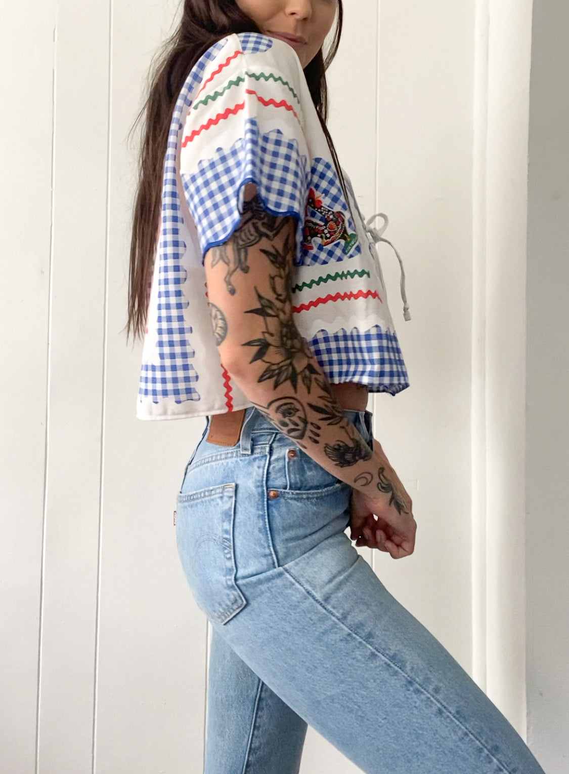 Upcycled Tie Front Gingham Blouse