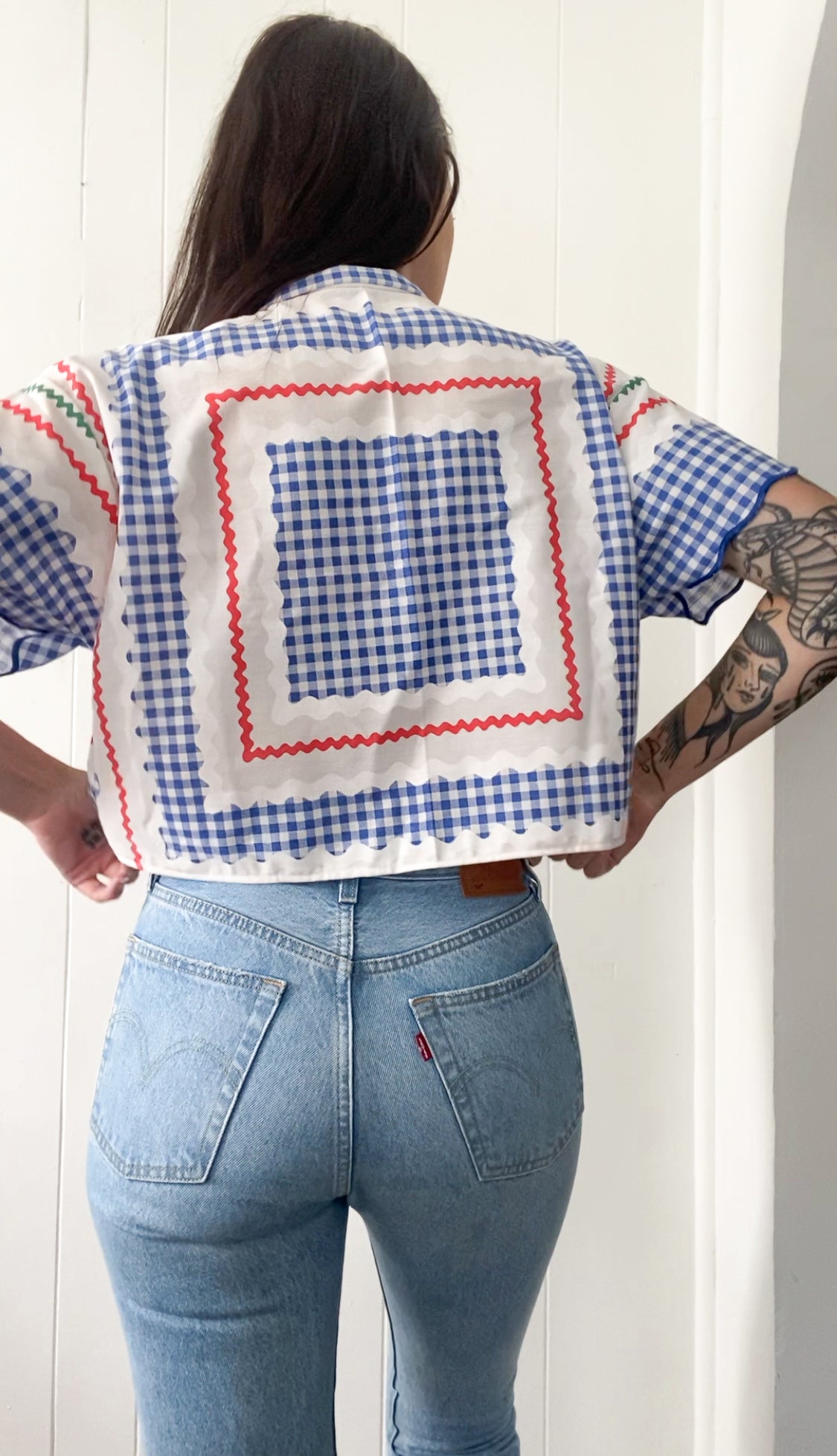 Upcycled Tie Front Gingham Blouse