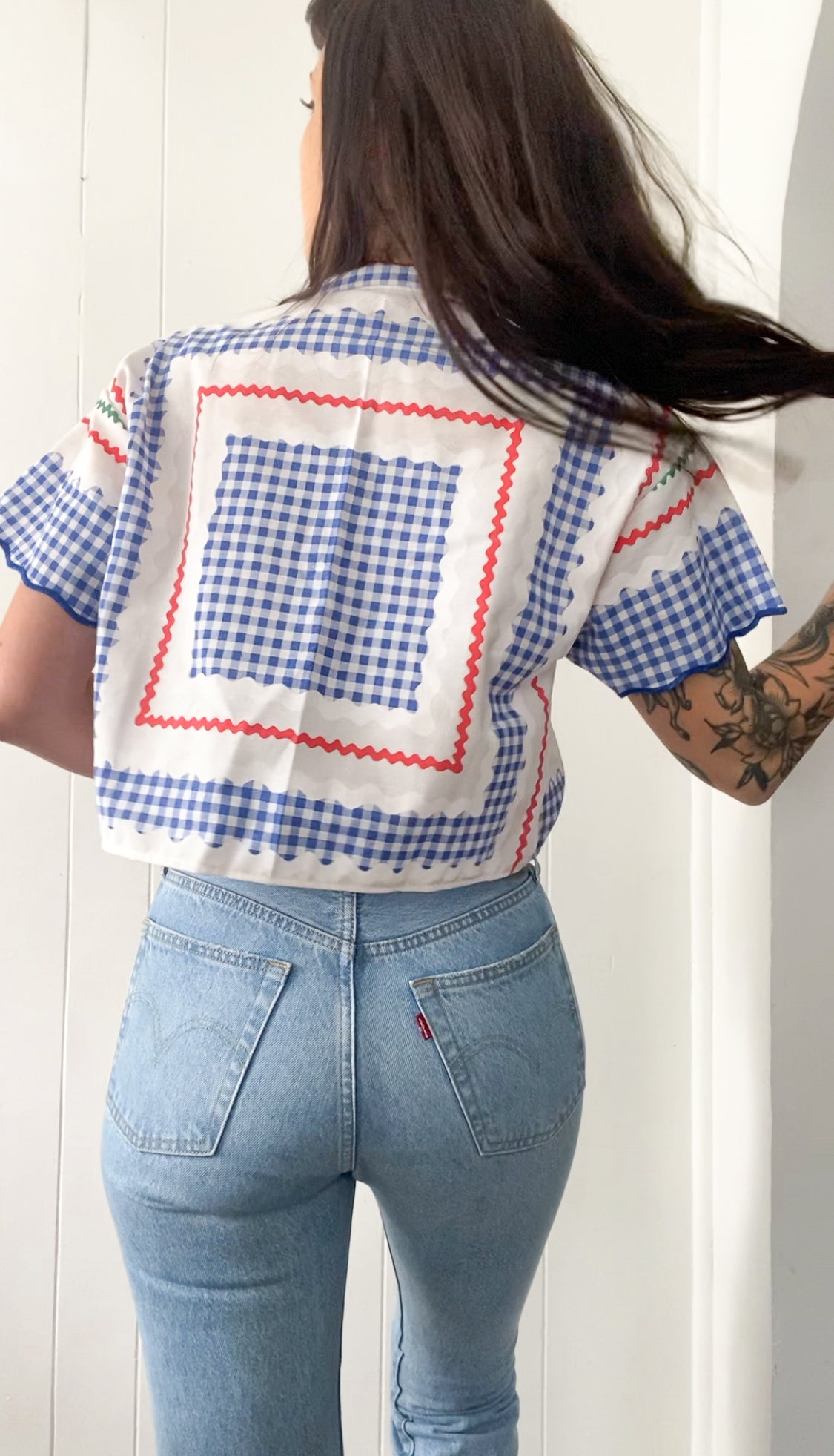 Upcycled Tie Front Gingham Blouse