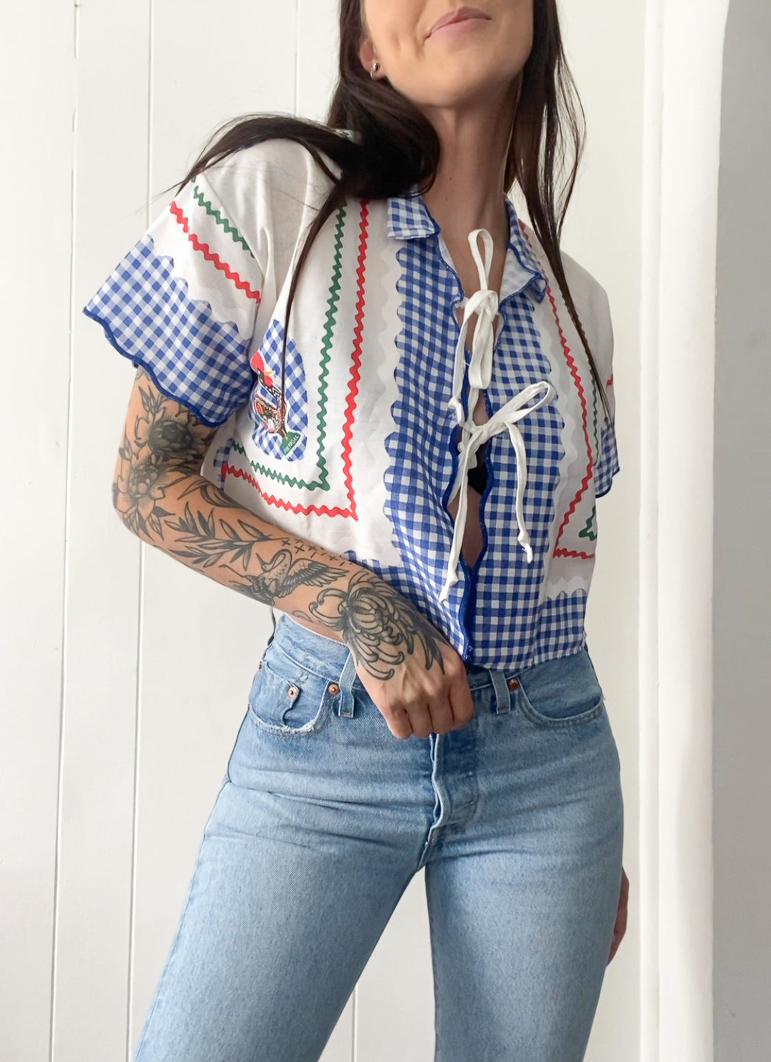Upcycled Tie Front Gingham Blouse
