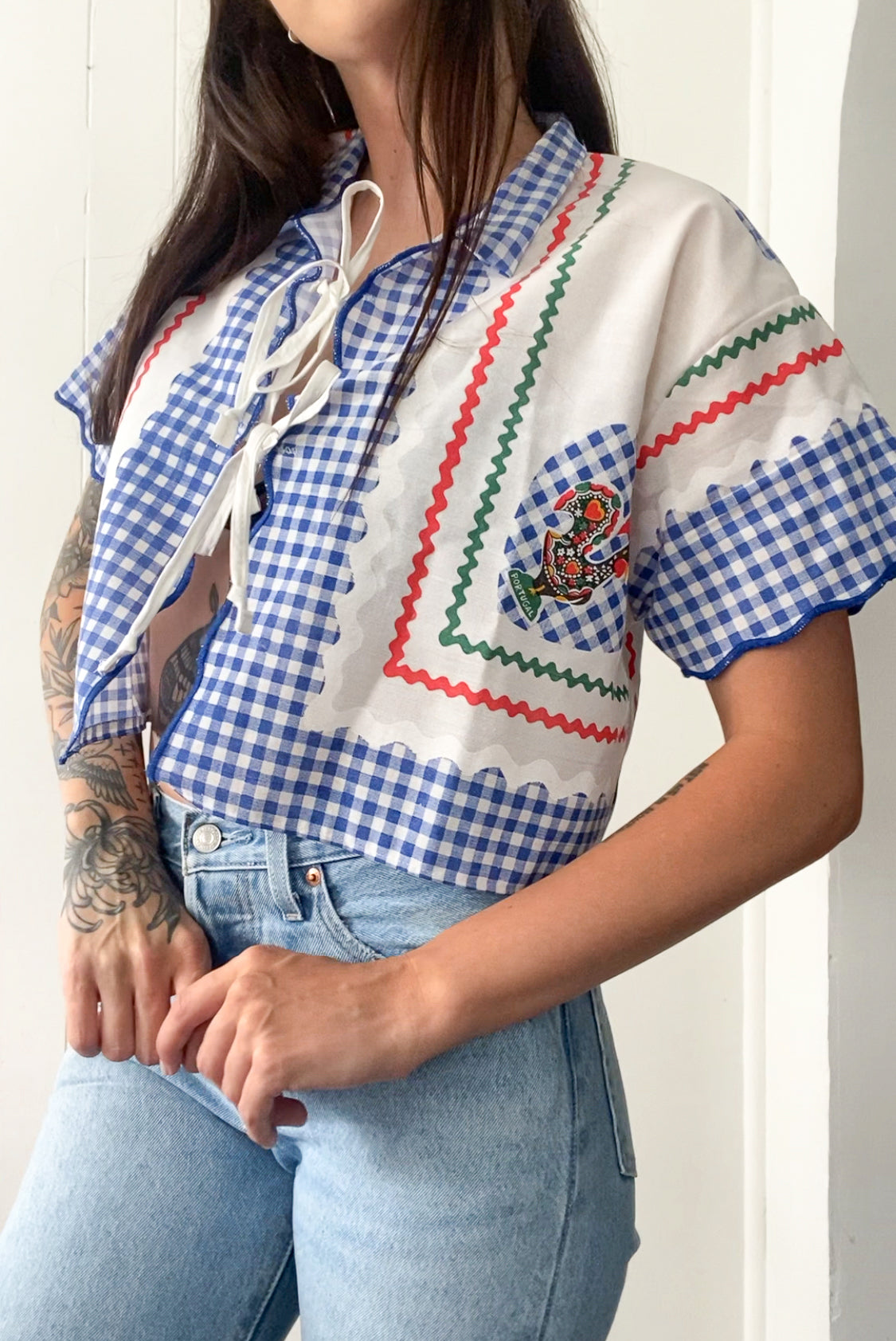 Upcycled Tie Front Gingham Blouse