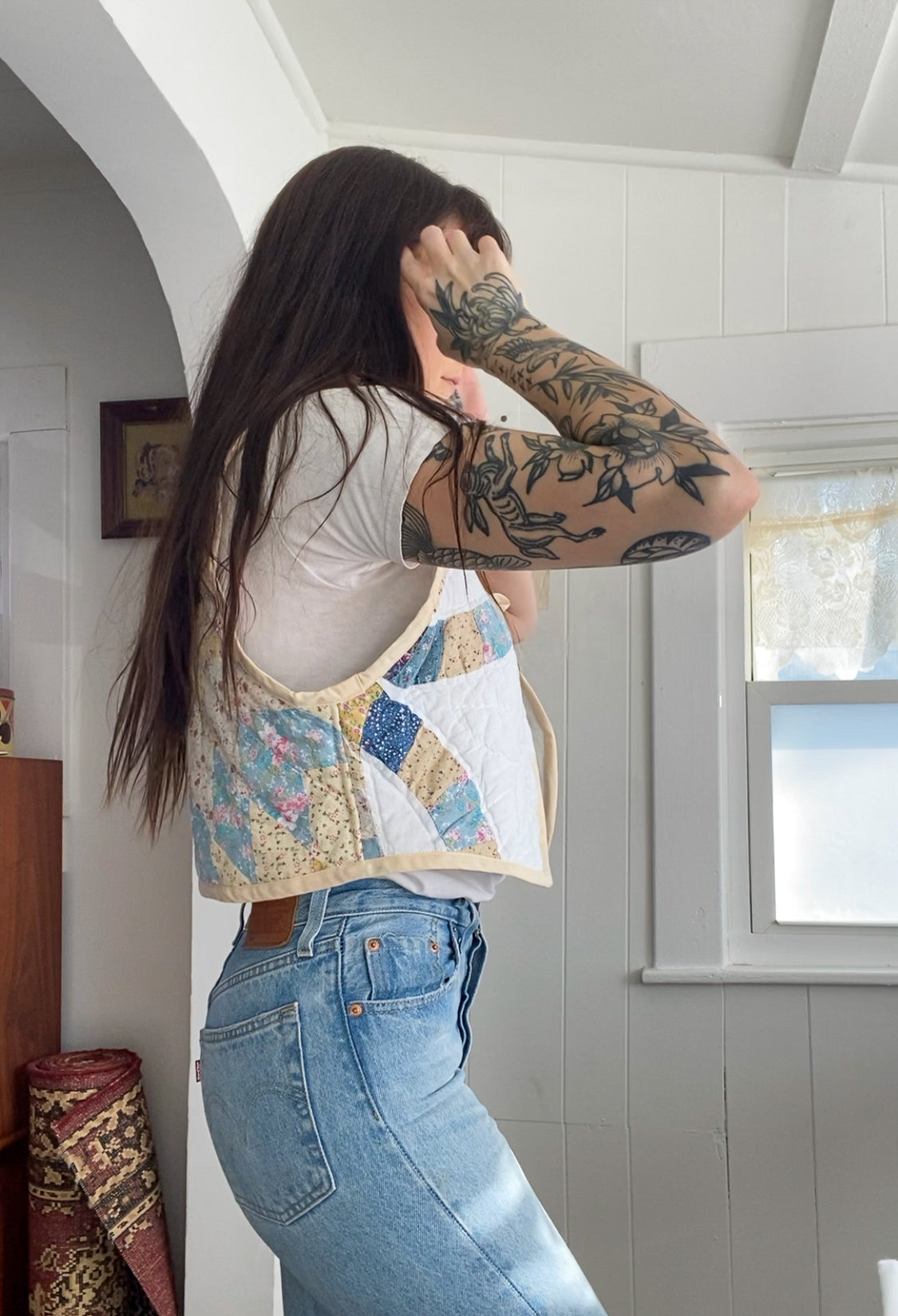 (S) Upcycled Tie Front Quilt Vest