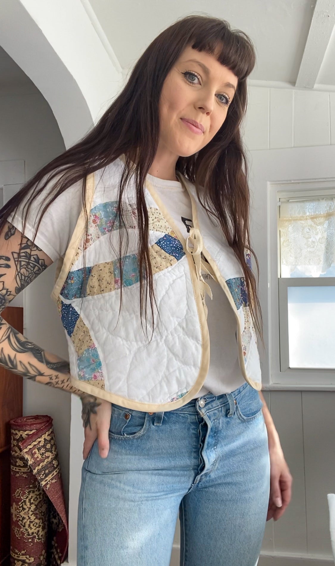(S) Upcycled Tie Front Quilt Vest