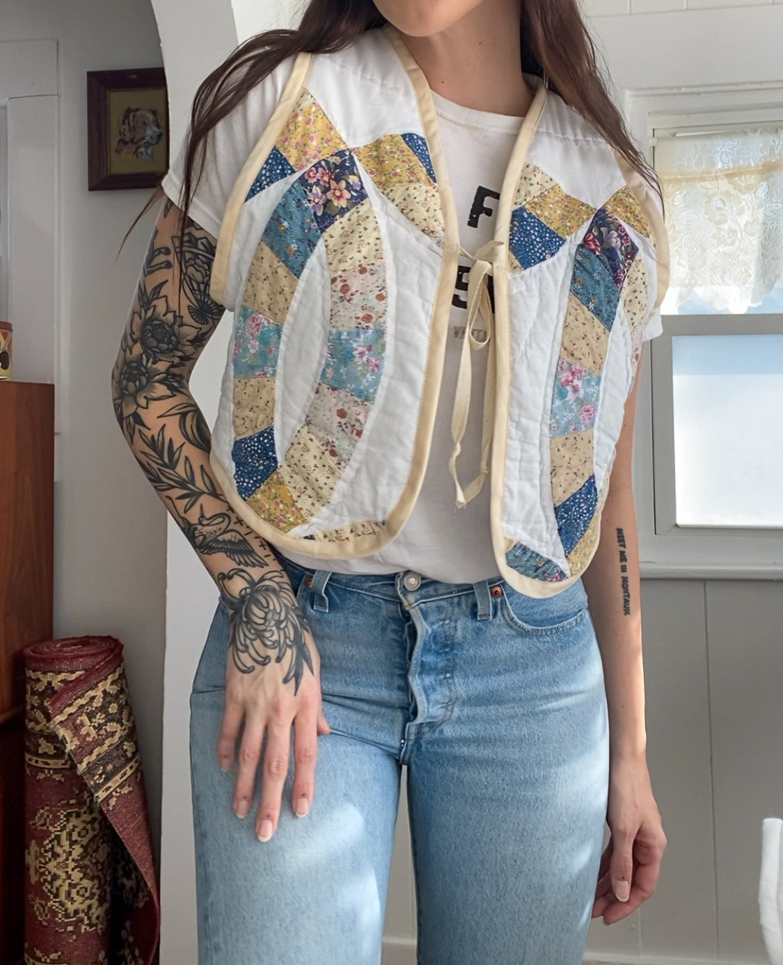 (XS/S) Upcycled Tie Front Quilt Vest