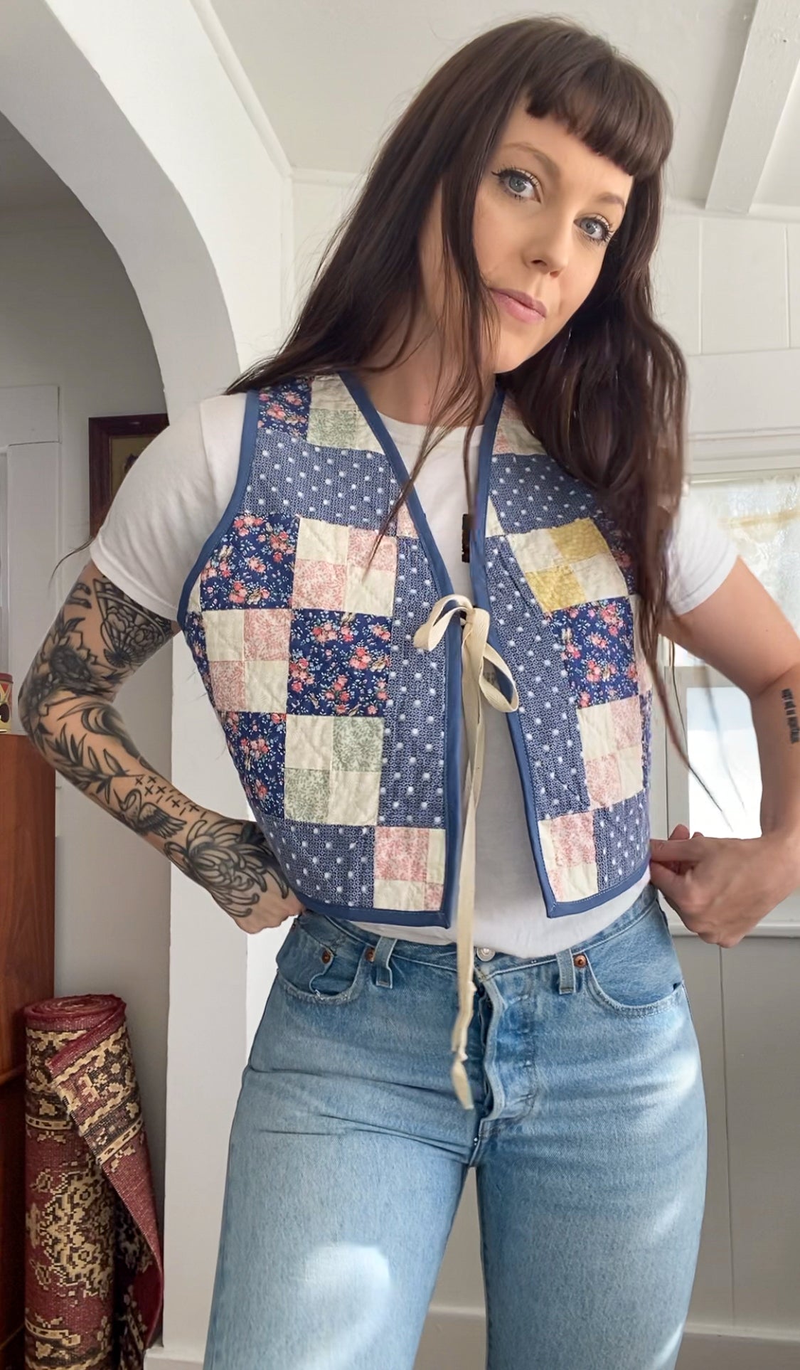 (S) Upcycled Tie Front Quilt Vest