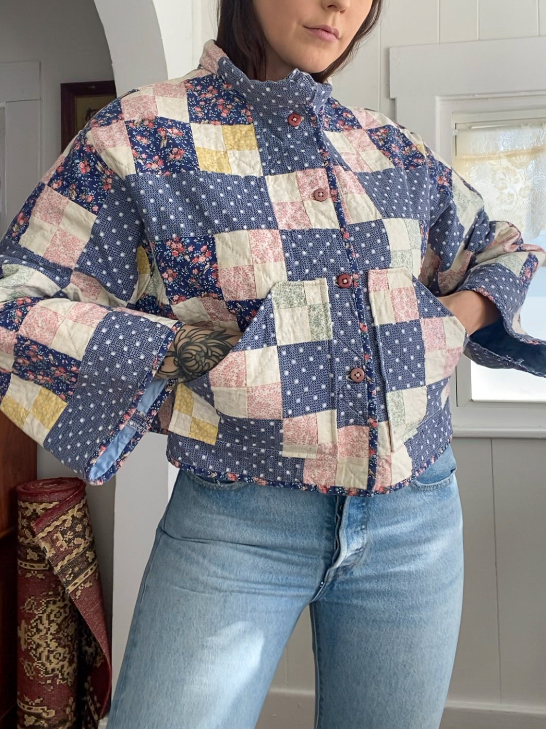 (S/M) Upcycled Vintage Quilt Jacket