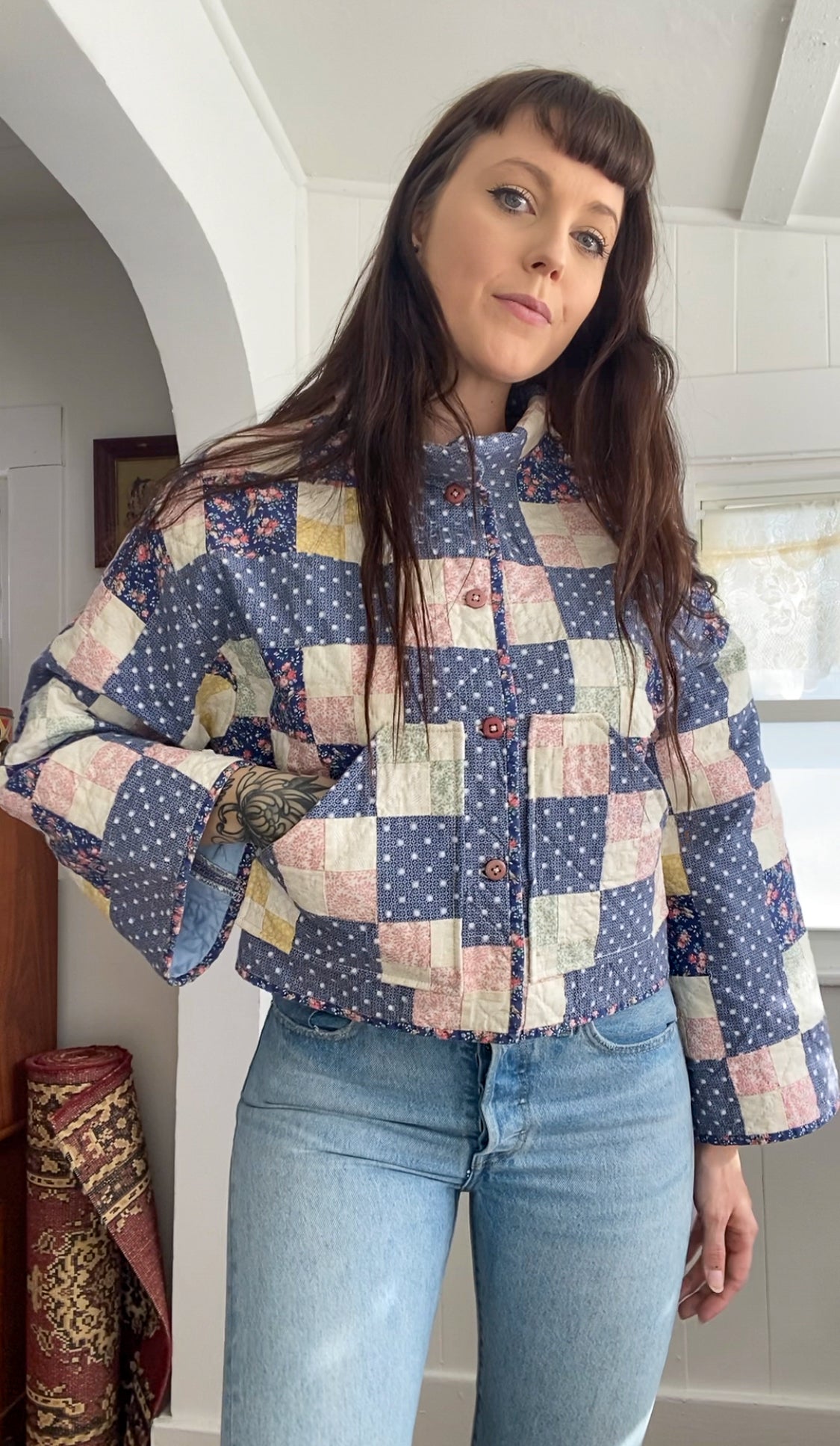 (S/M) Upcycled Vintage Quilt Jacket