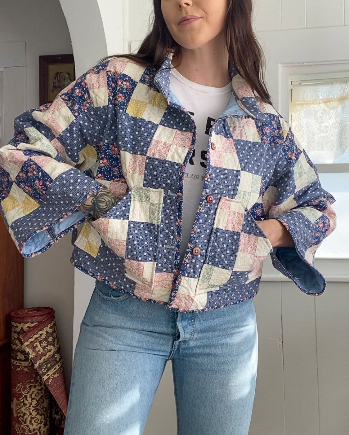 (S/M) Upcycled Vintage Quilt Jacket