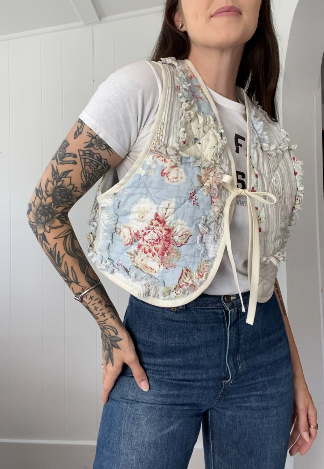 Upcycled Tie Front Floral Quilt Vest
