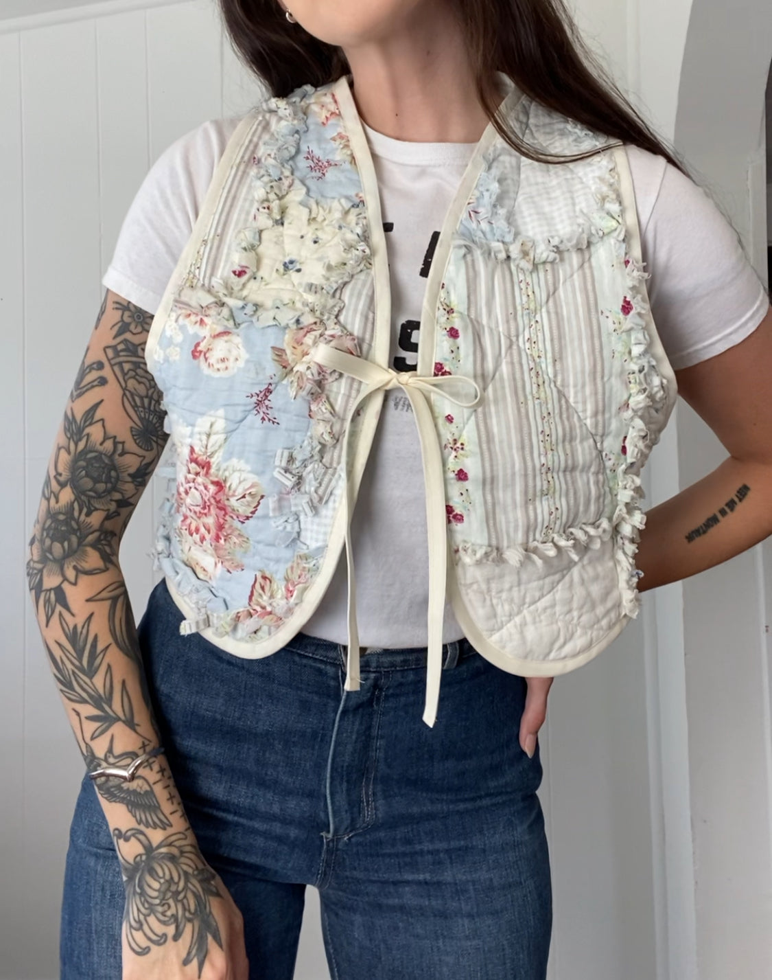 Upcycled Tie Front Floral Quilt Vest