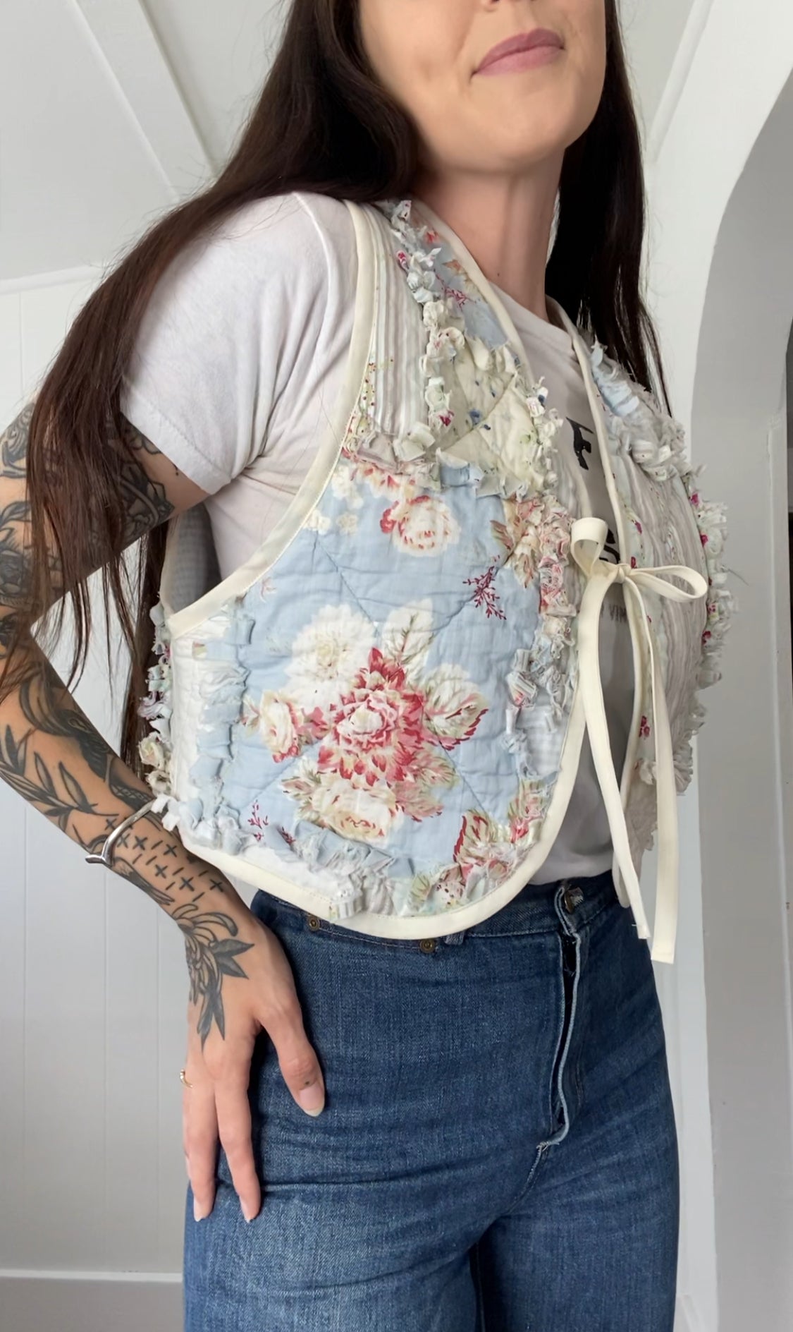 Upcycled Tie Front Floral Quilt Vest
