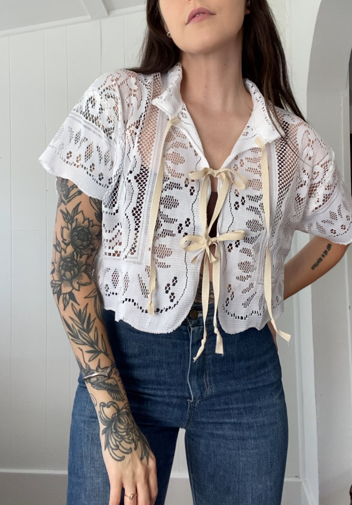Upcycled Tie Front Lace Blouse