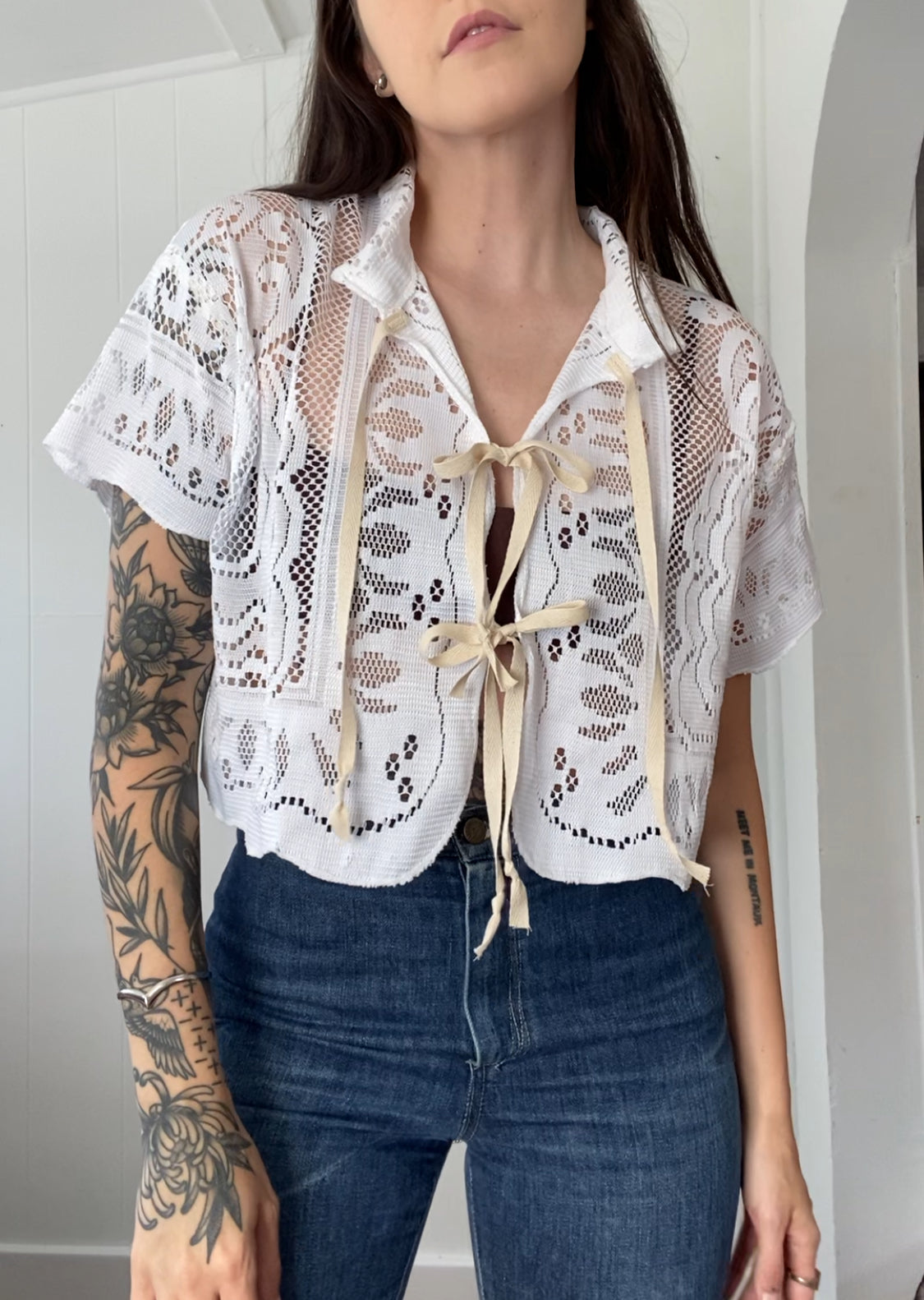 Upcycled Tie Front Lace Blouse