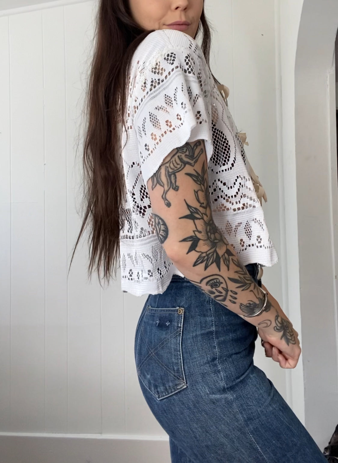 Upcycled Tie Front Lace Blouse
