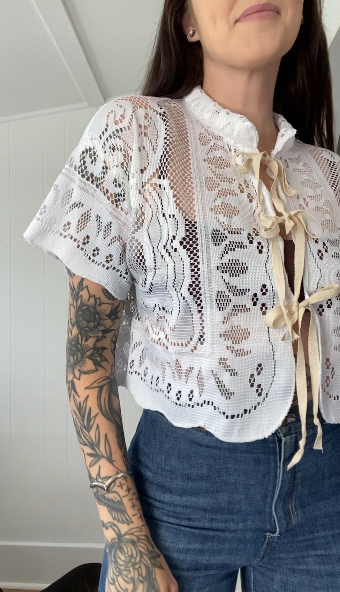 Upcycled Tie Front Lace Blouse