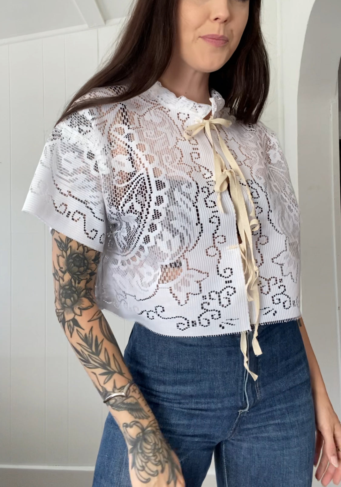Upcycled Tie Front Lace Blouse