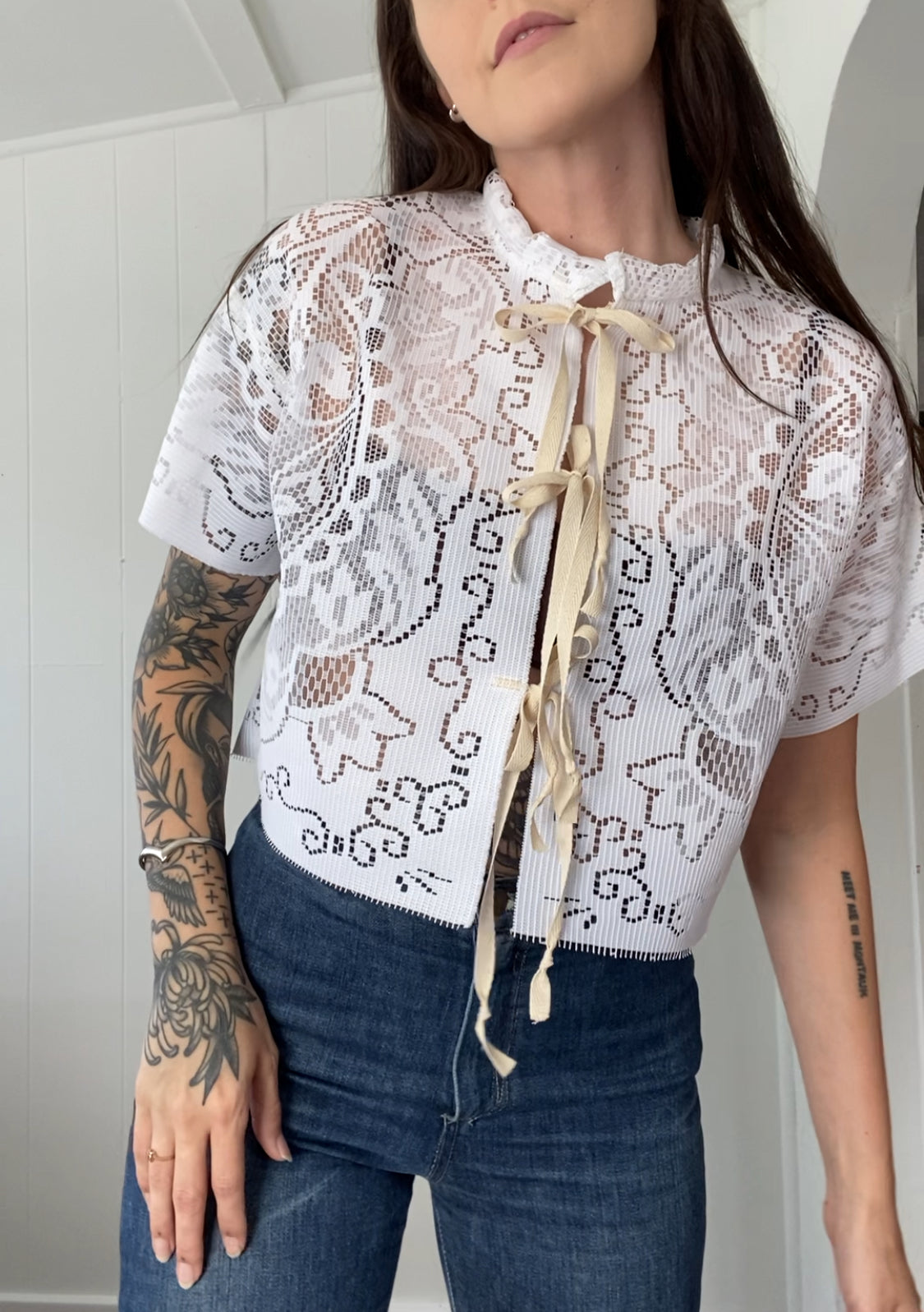 Upcycled Tie Front Lace Blouse