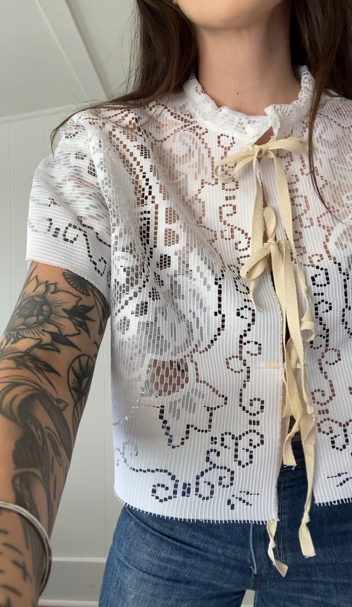Upcycled Tie Front Lace Blouse