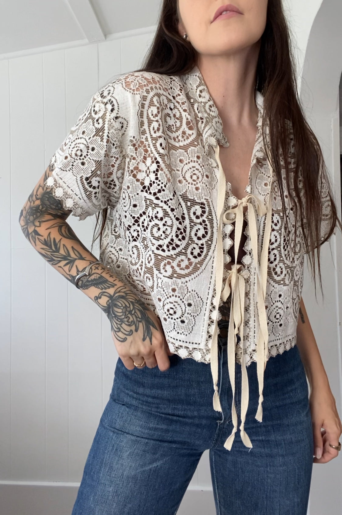 Upcycled Tie Front Lace Blouse