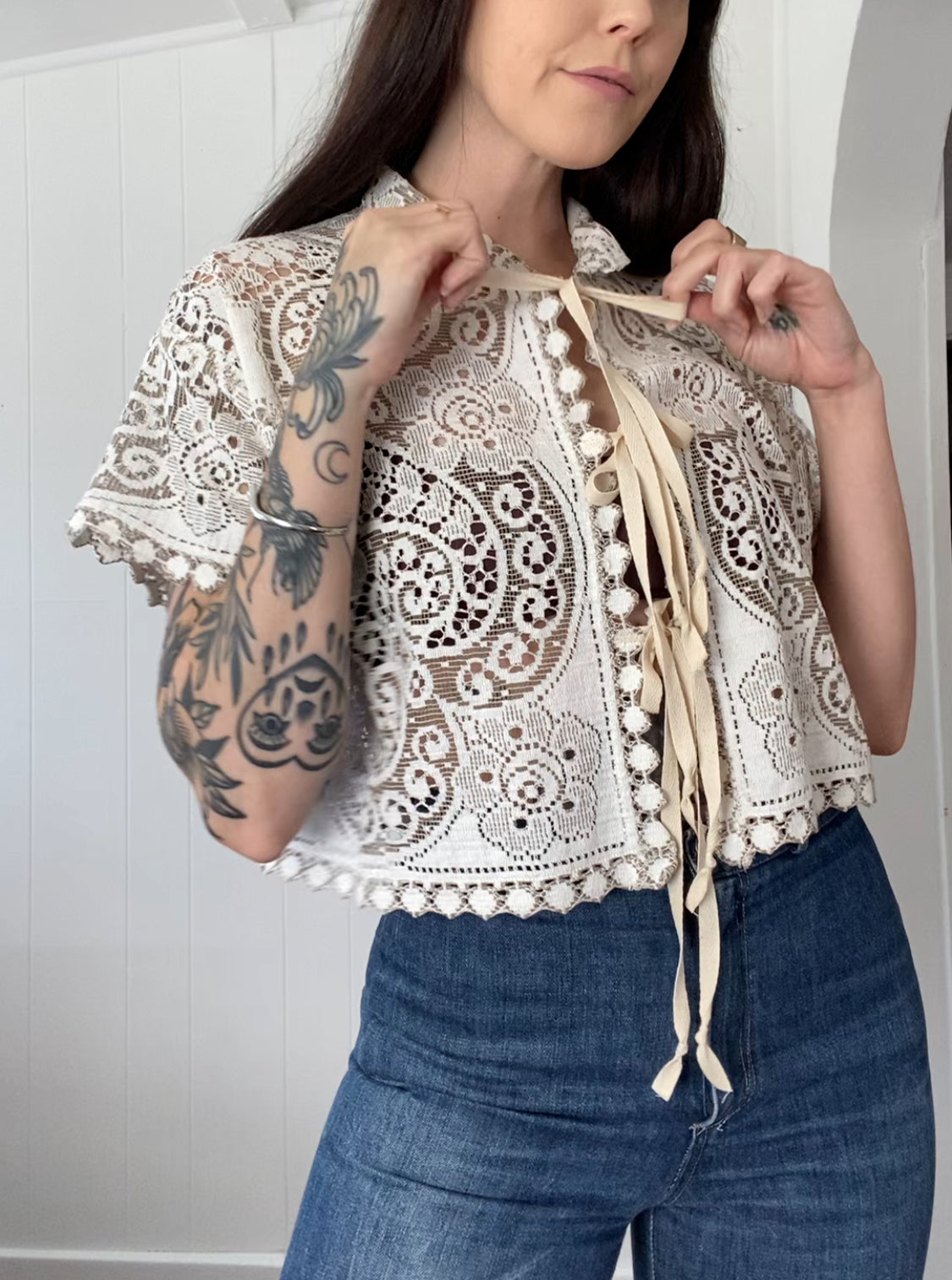 Upcycled Tie Front Lace Blouse