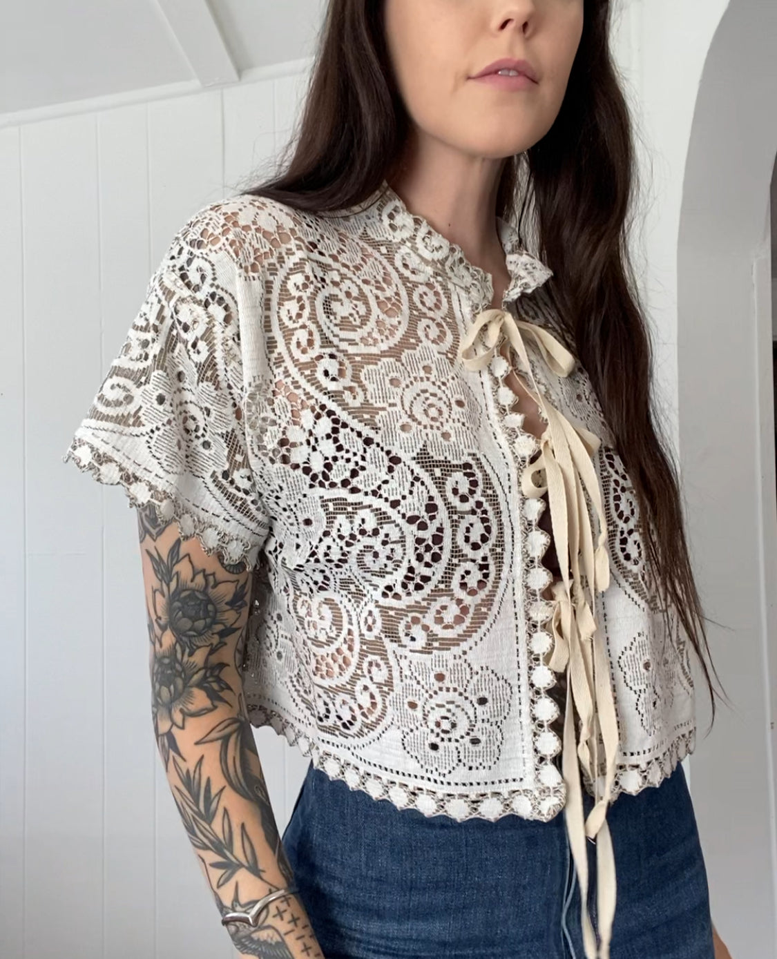 Upcycled Tie Front Lace Blouse