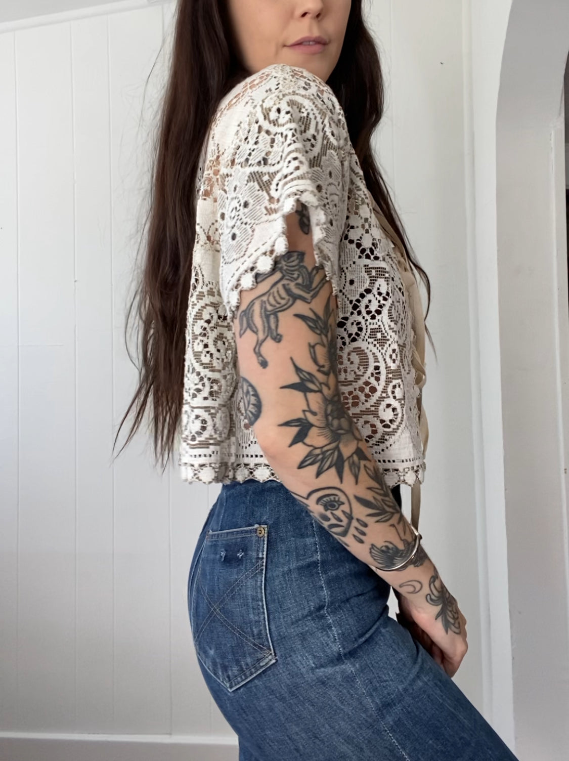 Upcycled Tie Front Lace Blouse