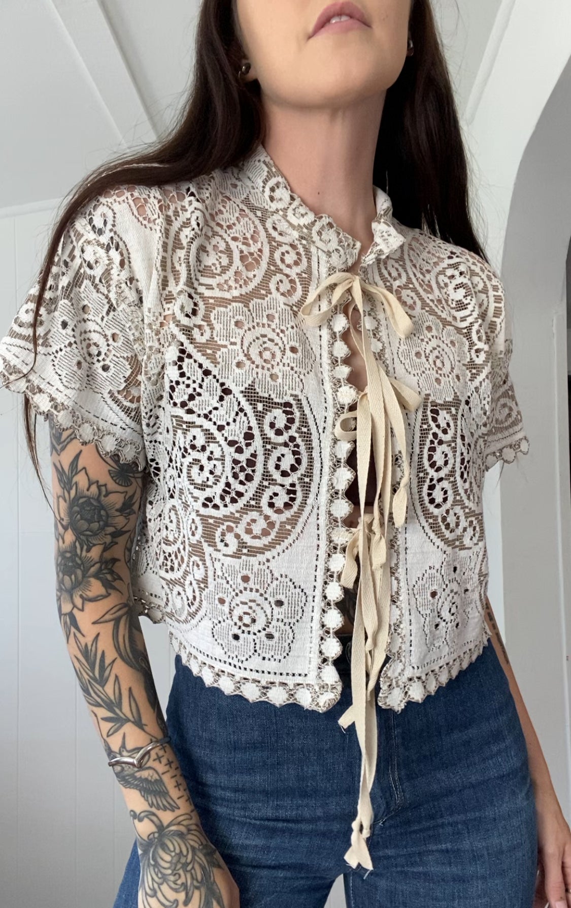 Upcycled Tie Front Lace Blouse