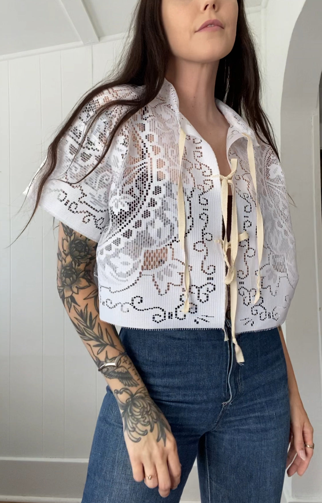 Upcycled Tie Front Lace Blouse
