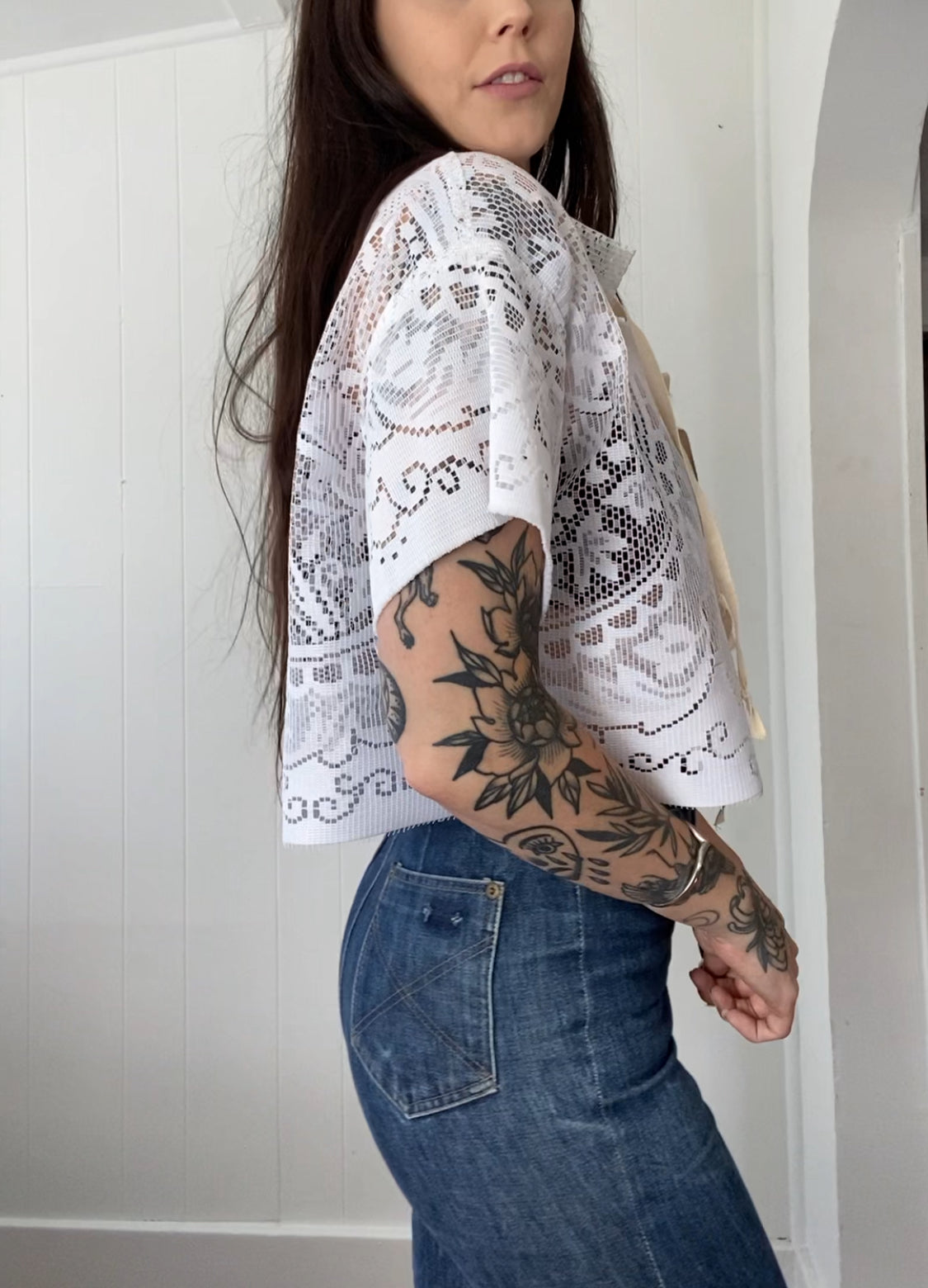 Upcycled Tie Front Lace Blouse