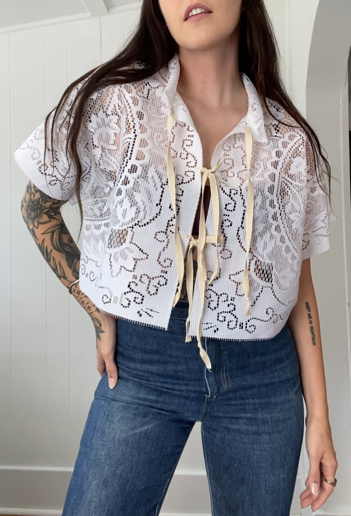 Upcycled Tie Front Lace Blouse