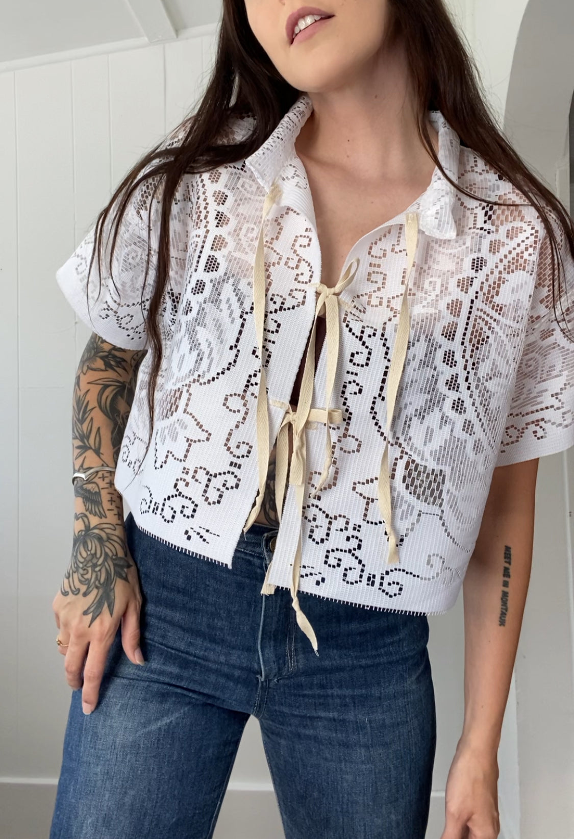 Upcycled Tie Front Lace Blouse