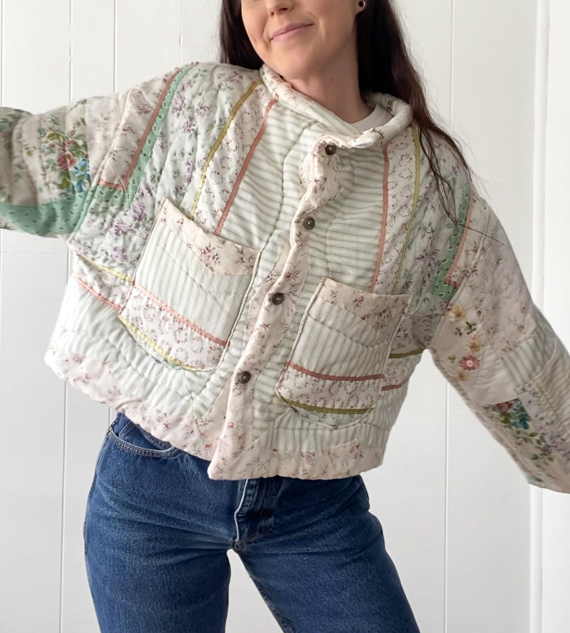 (M/L) Upcycled Vintage Quilt Jacket