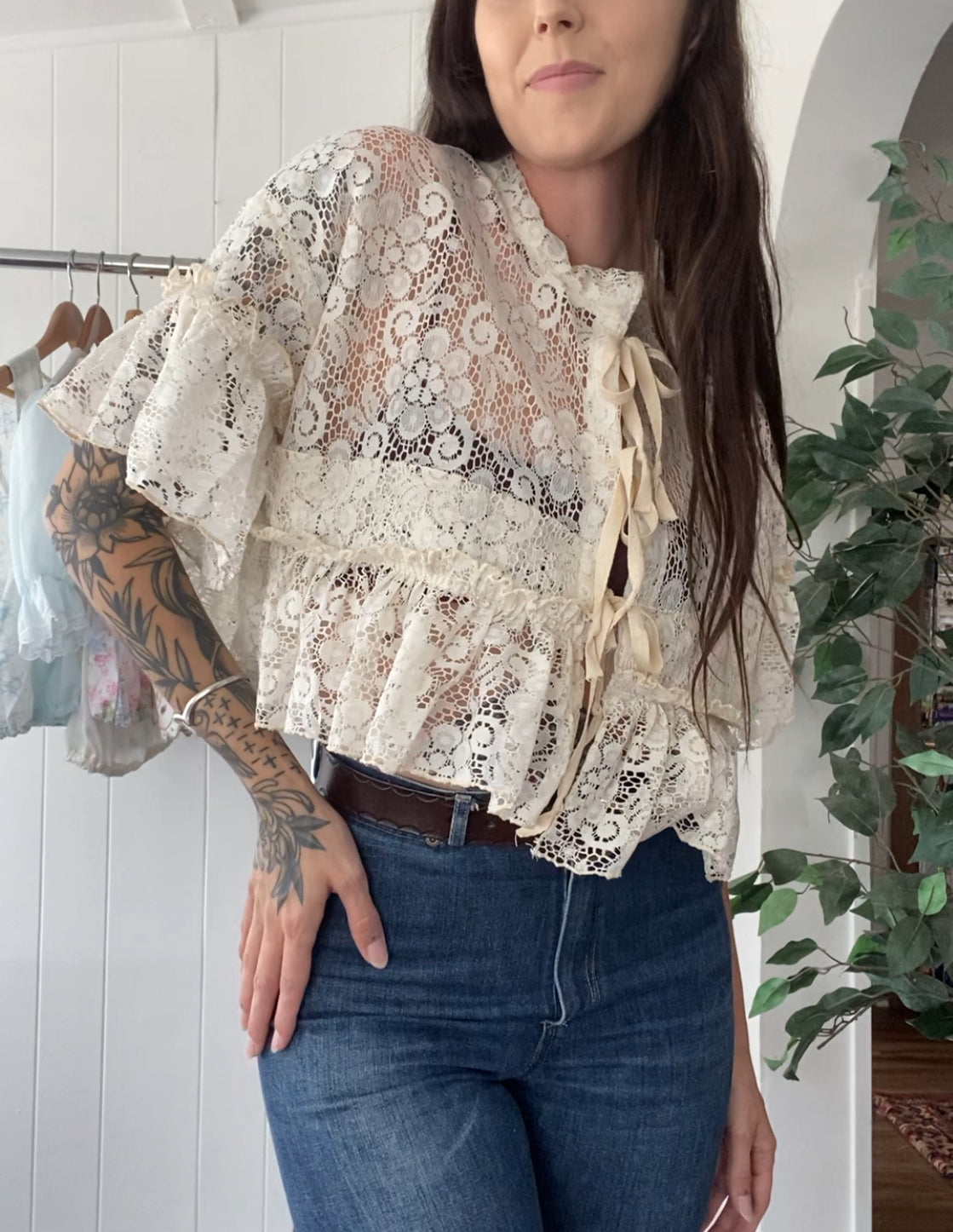 Upcycled Tie Front Lace Blouse