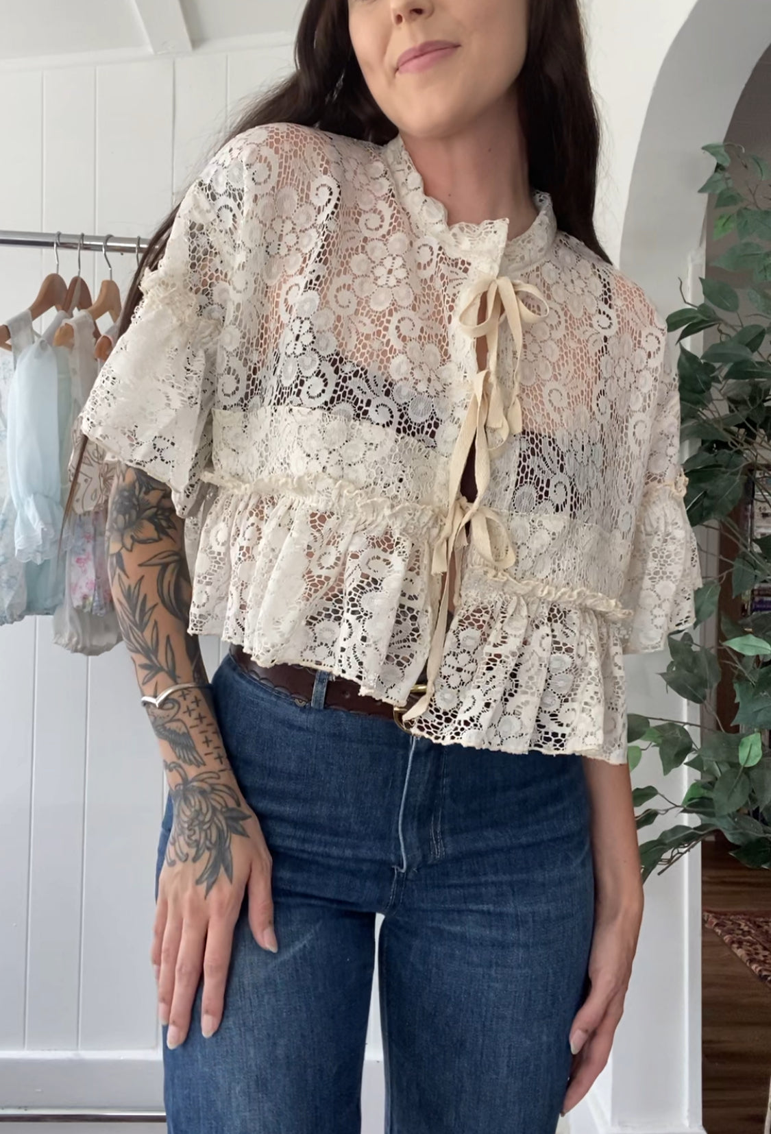 Upcycled Tie Front Lace Blouse