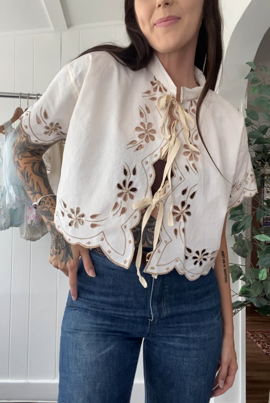 Upcycled Tie Front Embroidered Blouse